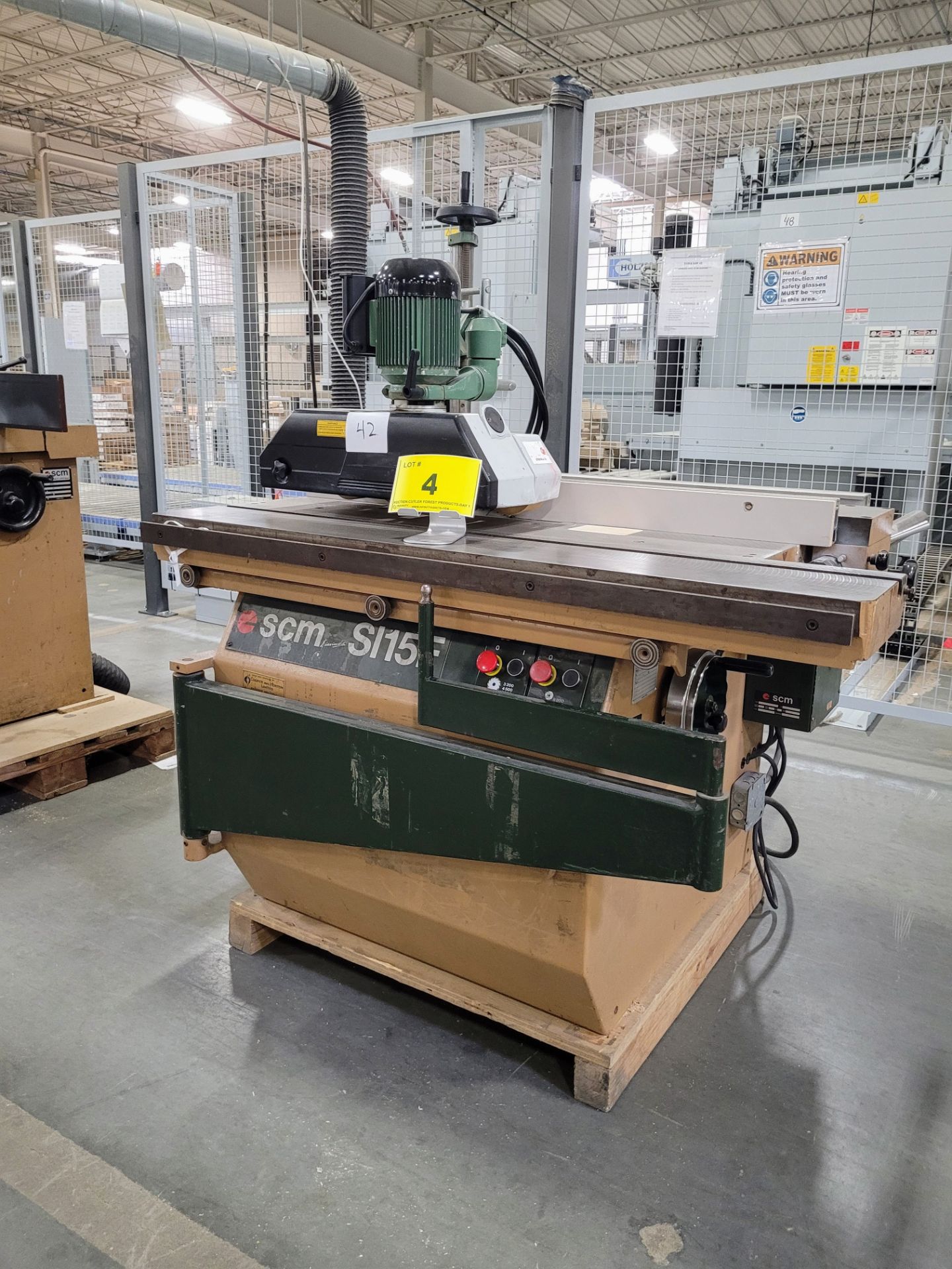 SCM SL15F SLIDING TABLE SAW, S/N AB 10726 W/ 4-ROLL MATERIAL POWER FEEDER