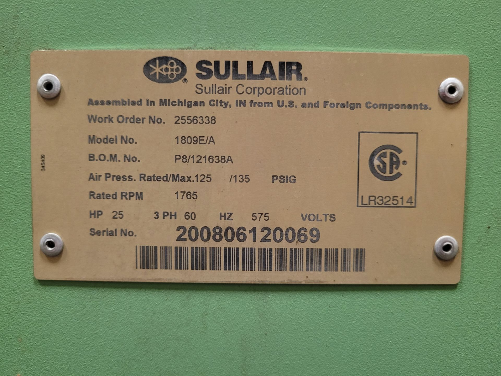 SULLAIR 1809E/A ROTARY SCREW AIR COMPRESSOR, 25HP, S/N 200806120069 - Image 3 of 4