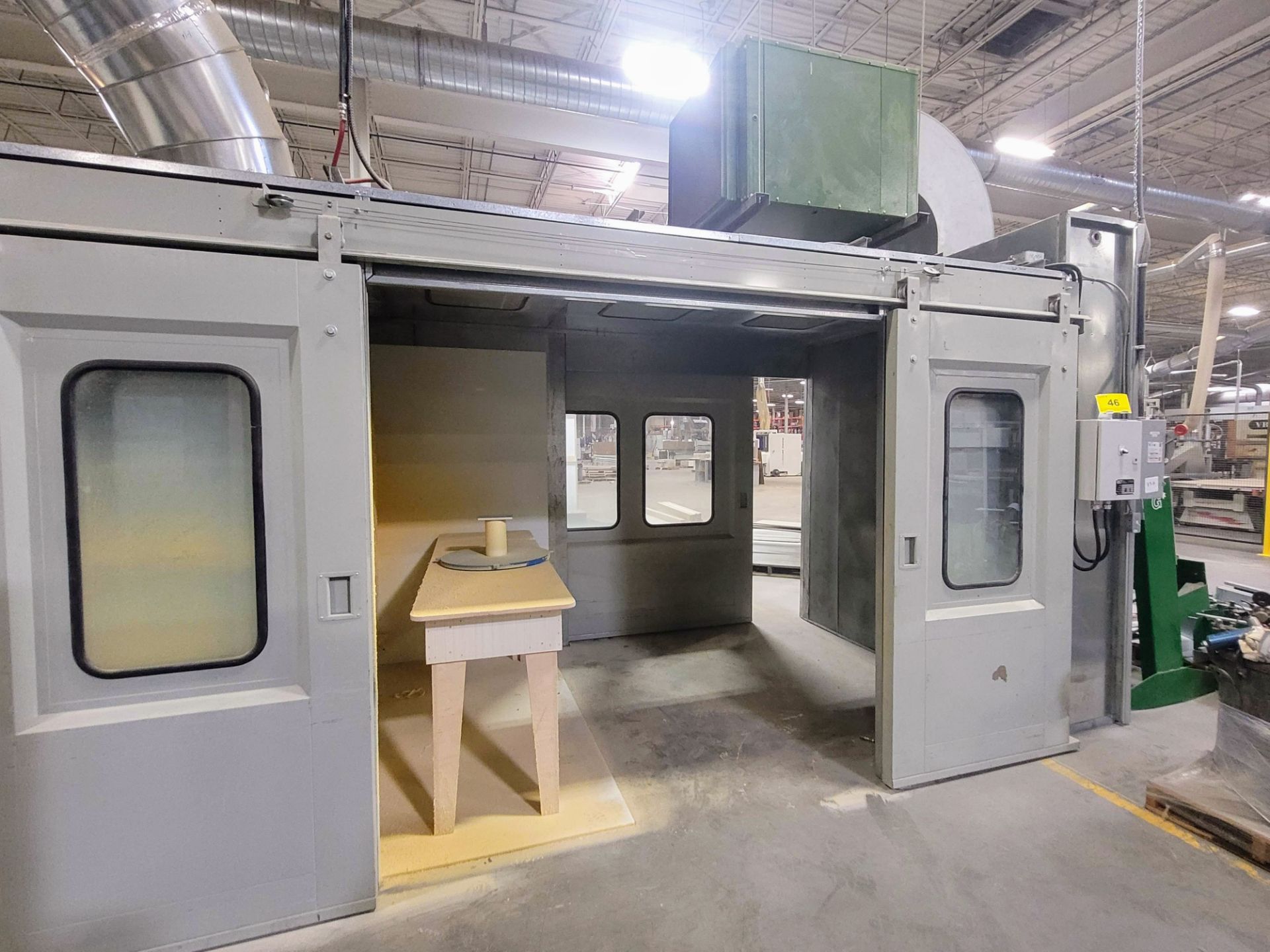 AIR CONTROL TECHNOLOGY GB 8X16X8 ENCLOSED GLUE SPRAY BOOTH, S/N 6558-07/16, DUAL SLIDING DOORS,