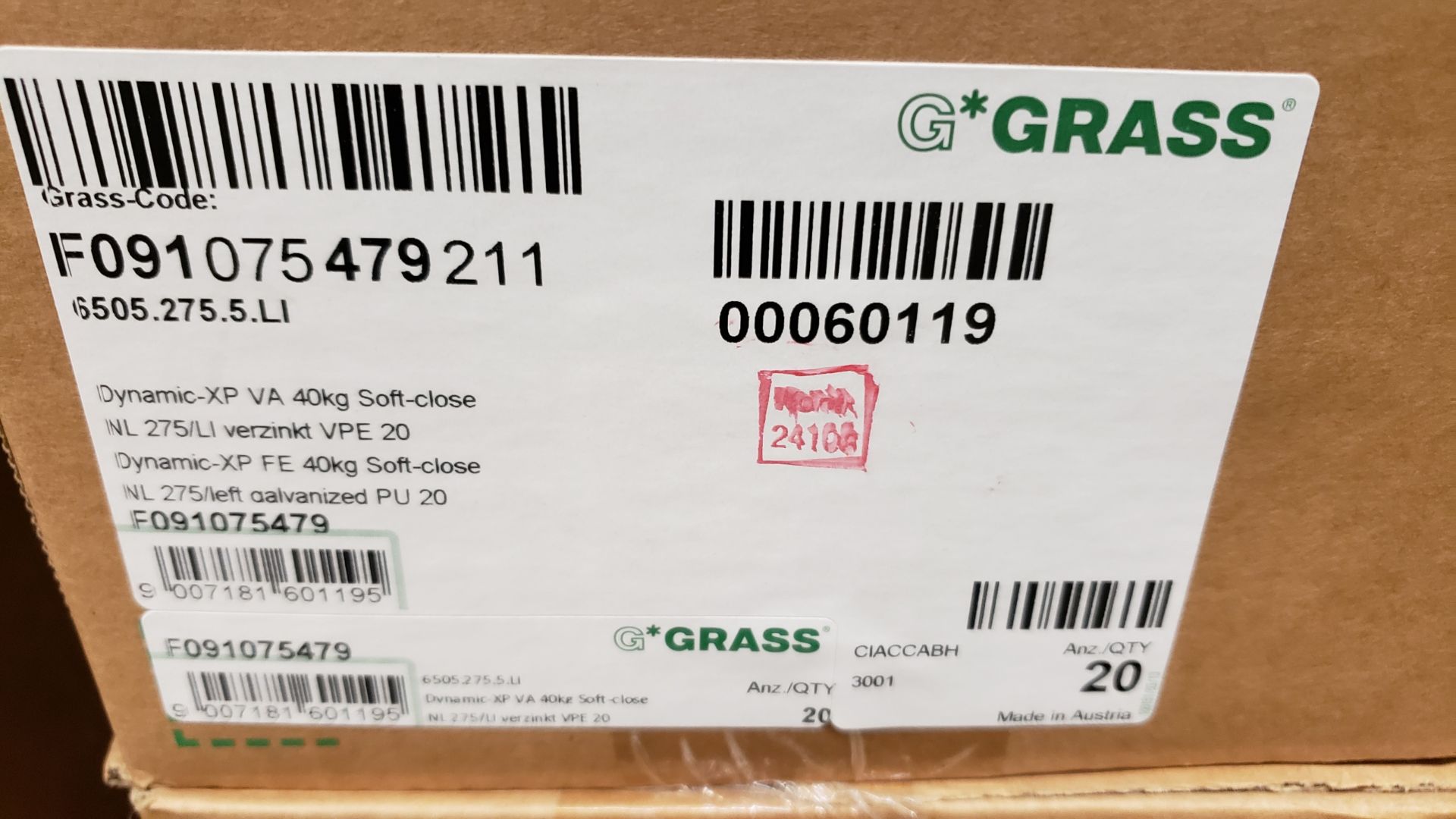 BOXES OF GRASS DYNAMIC-XP FE 40KG SOFT-CLOSE NL 275/RIGHT/LEFT GALVANIZED PU 20 HARDWARE (SUBJECT TO - Image 3 of 3