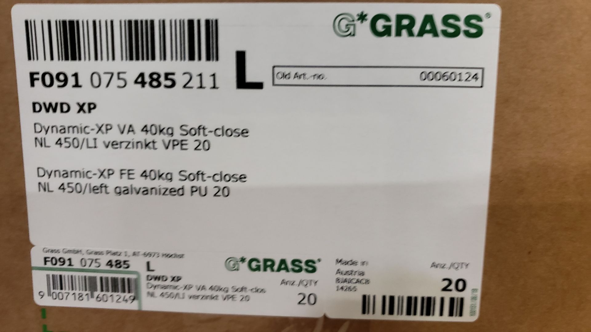 BOXES OF GRASS DYNAMIC-XP FE 40KG SOFT-CLOSE NL450/ RIGHT AND LEFT GALVANIZED PU 20 (4 OF EACH) - Image 4 of 4