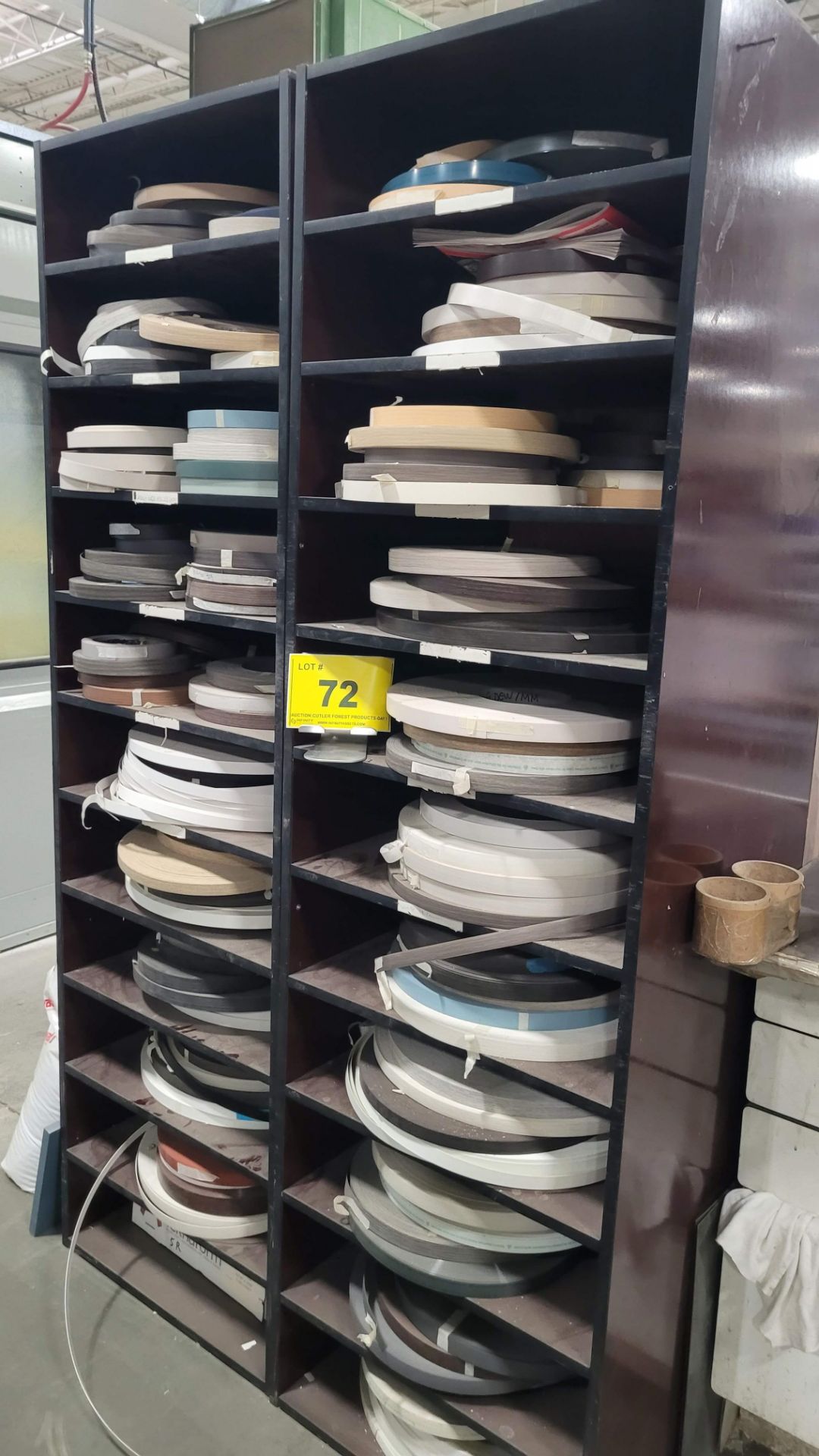 LOT - ASSORTED EDGE BANDING W/ STORAGE SHELF