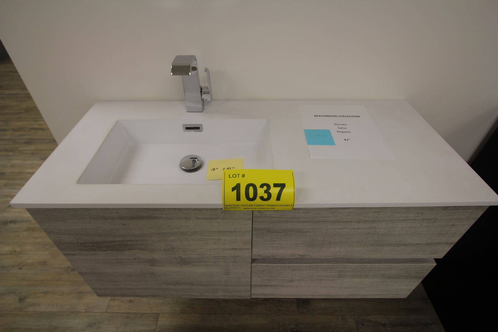 SHOWROOM DISPLAY FLOATING BATHROOM VANITY W/ SINK, FAUCET, CUPBOARDS, 18" X 42", BEACHWOOD - Image 2 of 4