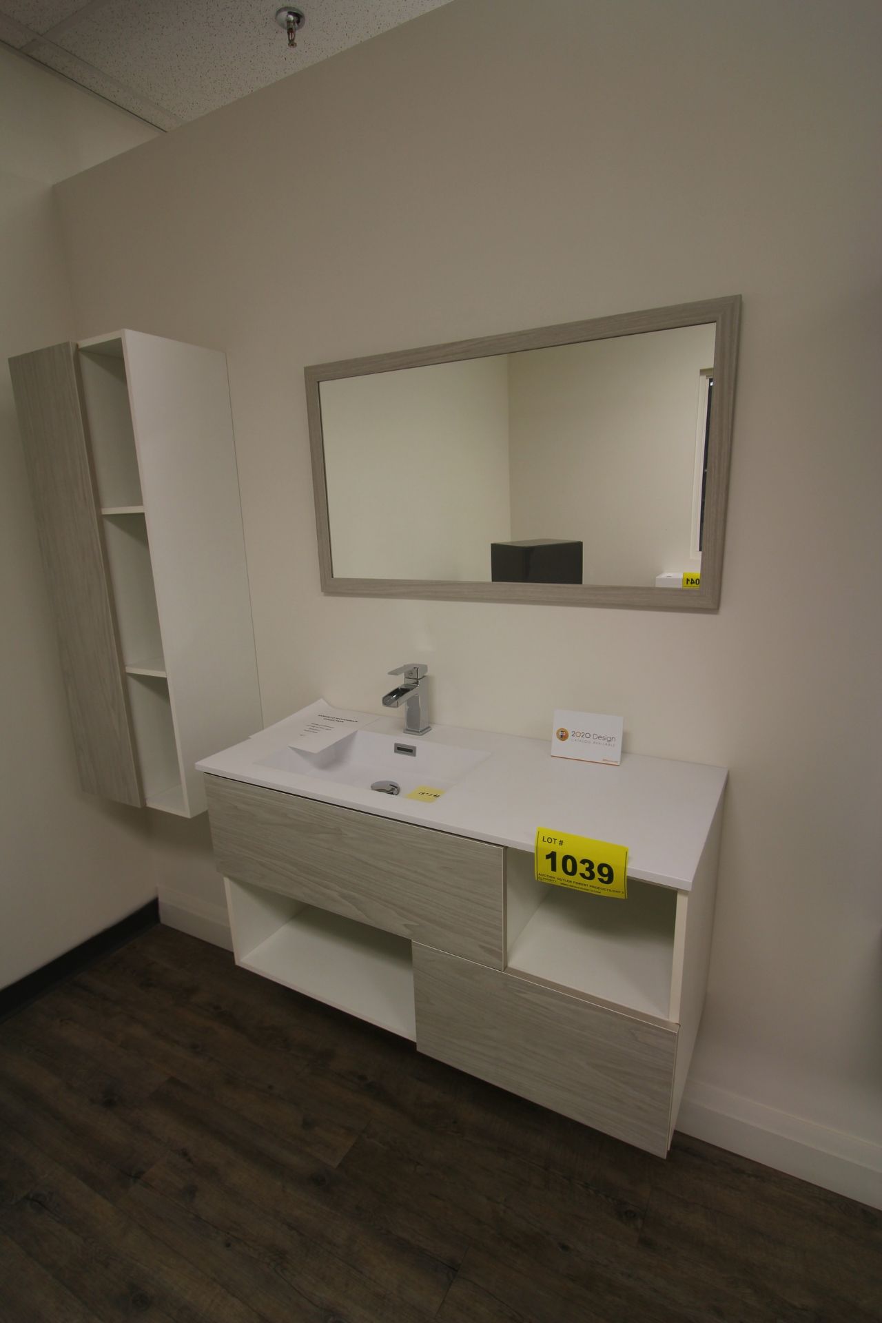 SHOWROOM DISPLAY FLOATING BATHROOM VANITY W/ SINK, FAUCET, CUPBOARDS, WALL MOUNTED MIRROR AND