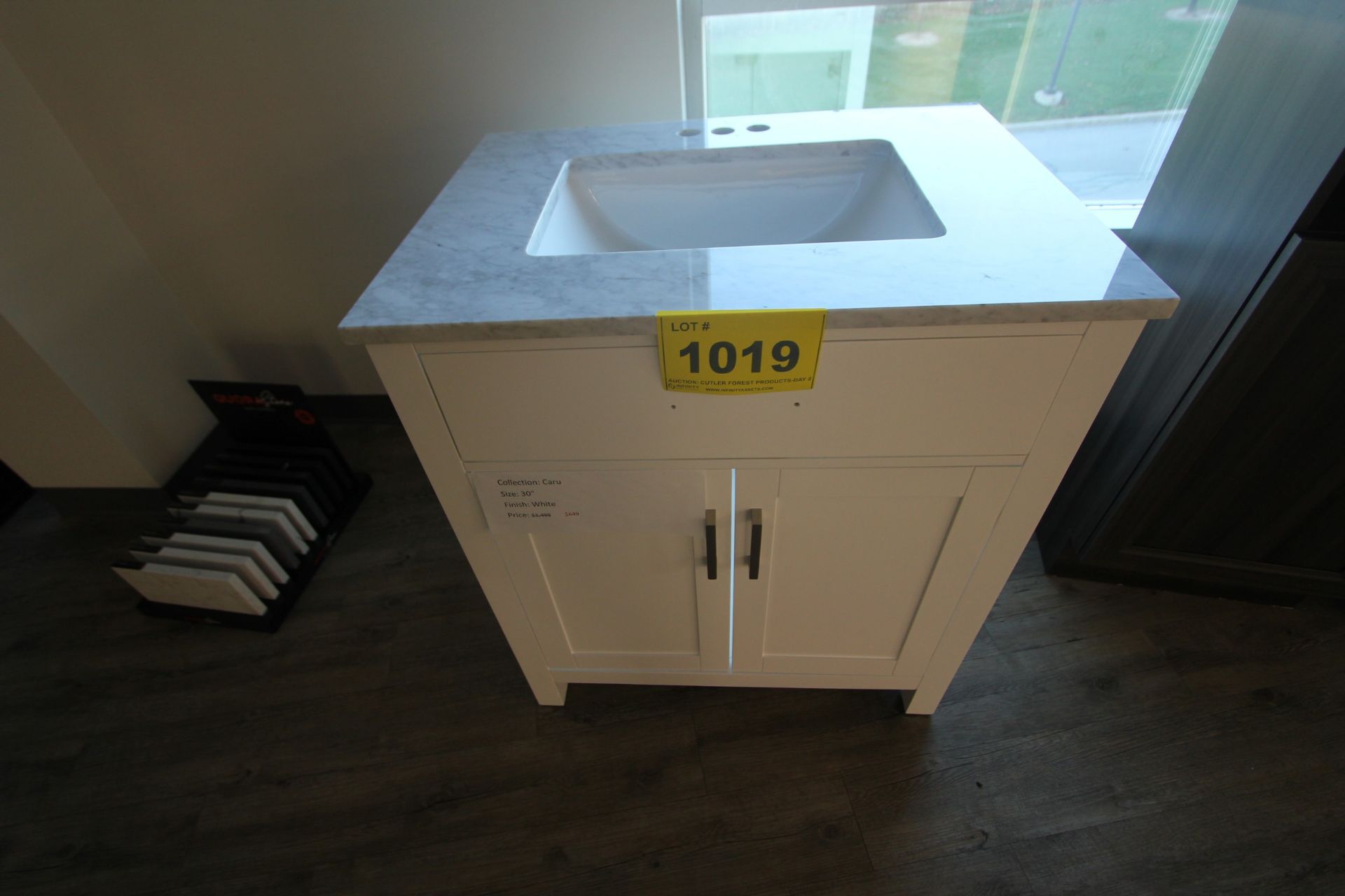 SHOWROOM DISPLAY BATHROOM VANITY W/ SINK, CUPBOARDS, CARU COLLECTION, 30", WHITE FINISH, $649 RETAIL