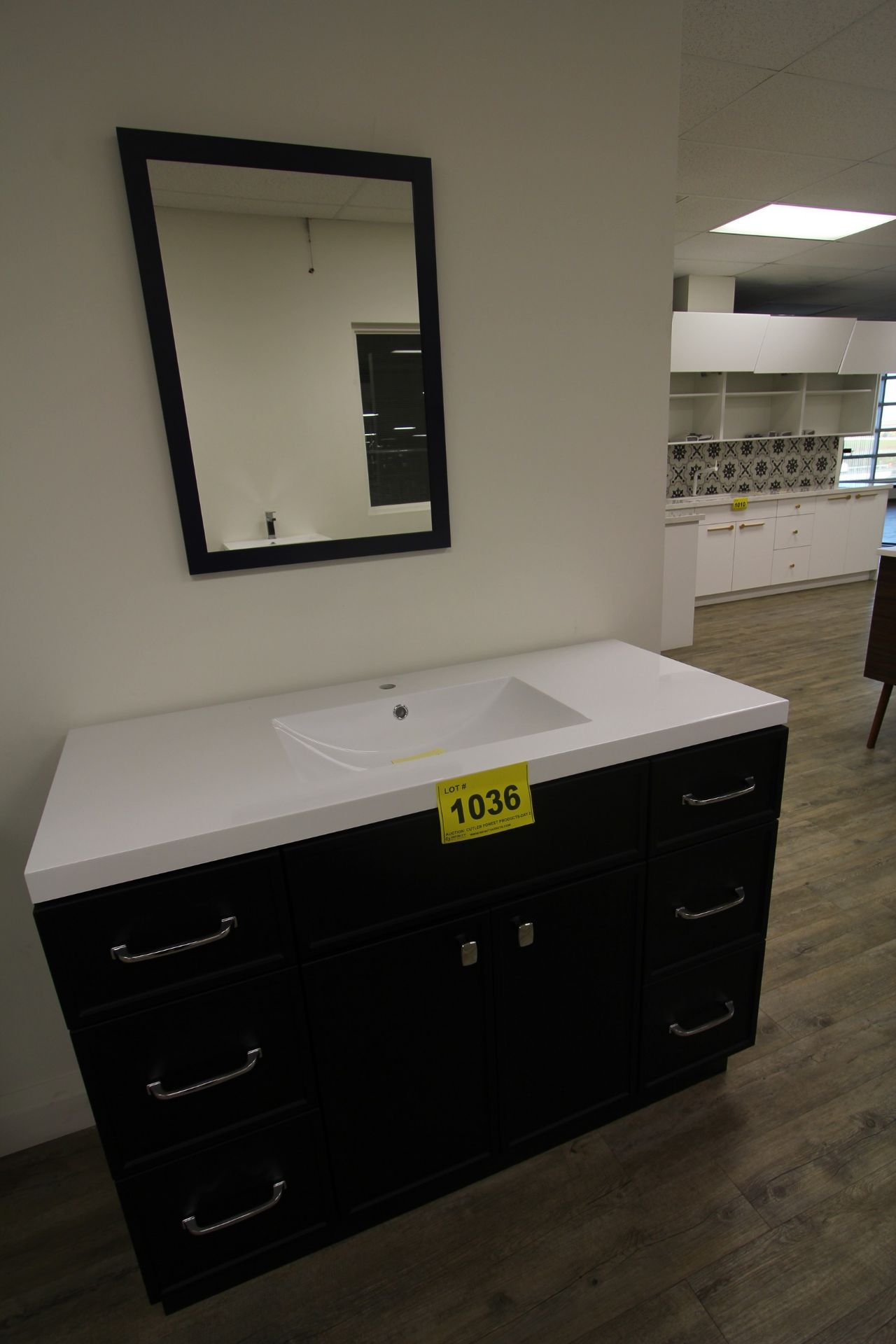 SHOWROOM DISPLAY BATHROOM VANITY W/ SINK, CUPBOARDS, WALL MOUNTED MIRROR, 21.5" X 48"