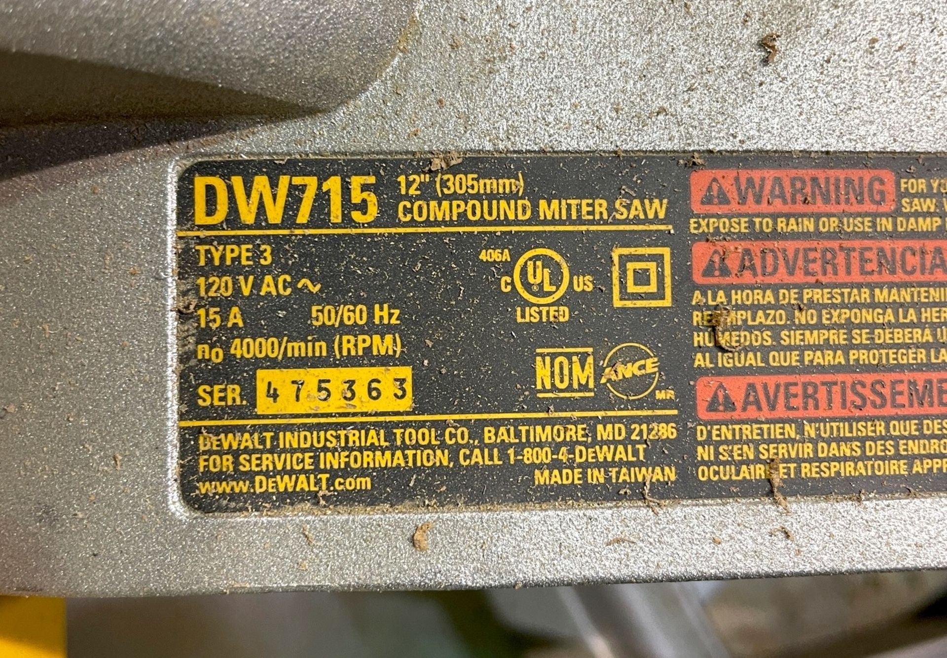 DEWALT DW715 12" COMPOUND MITRE SAW, S/N: 475363 - Image 2 of 2