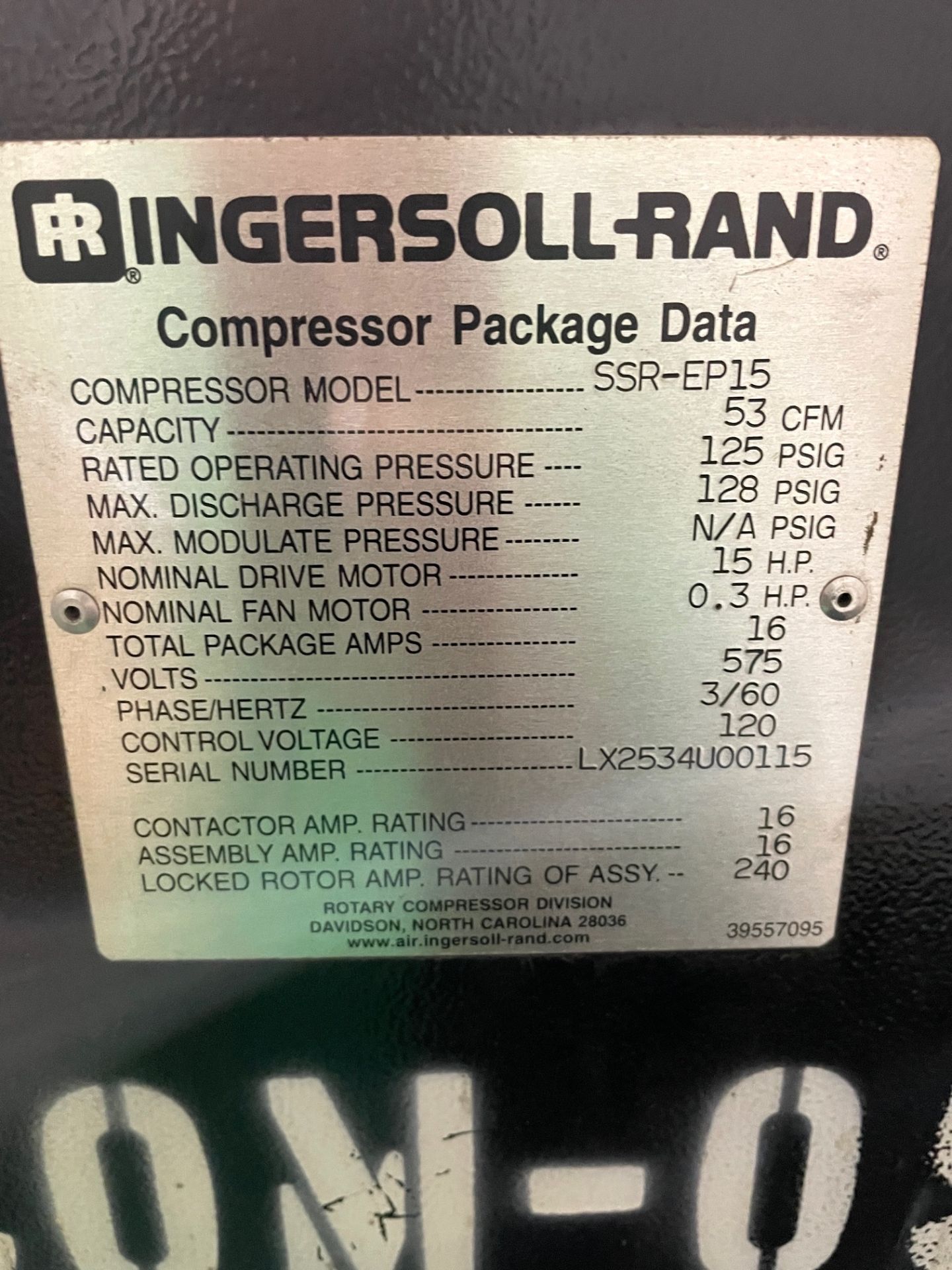INGERSOLL RAND SSR-EP15 COMPRESSOR, 15HP, S/N: LX2534U00115 W/ AIR DRYER (RIGGING FEE $250) - Image 2 of 2