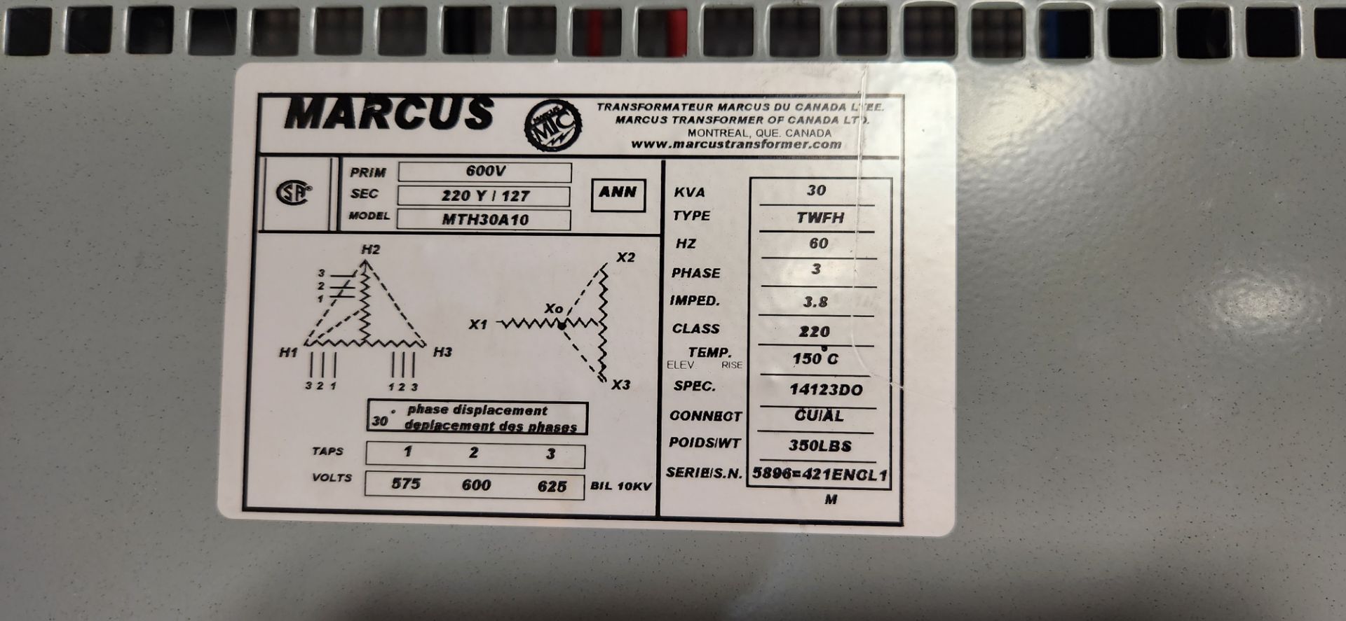 MARCUS 30KVA TRANSFORMER, 600V PRIMARY, 220Y/127 SECONDARY - Image 2 of 2