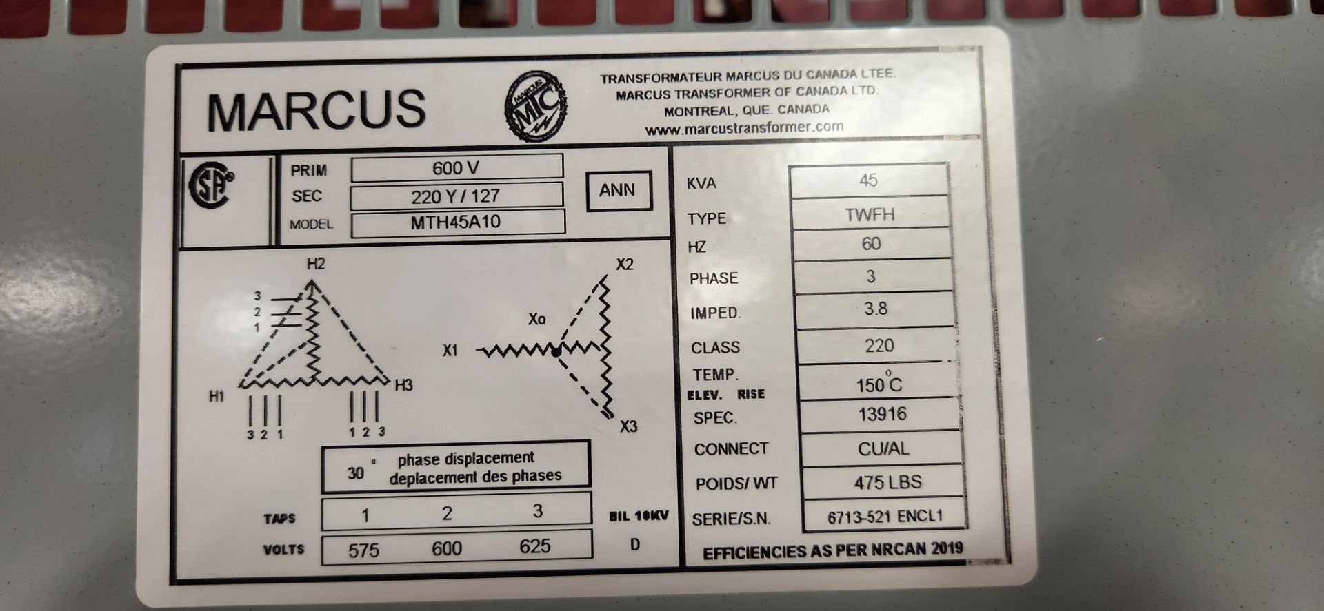 MARCUS 45KVA TRANSFORMER, 600V PRIMARY, 220Y/127 SECONDARY - Image 2 of 2