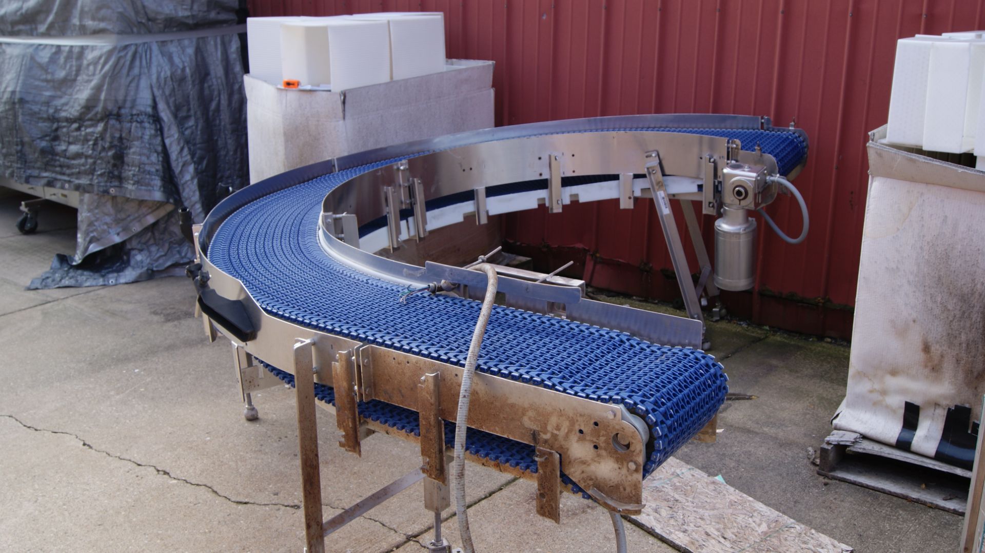 All S/S Plastic Belt 180° Belt Conveyor with S/S Drive Motor: 12"W Belt 7'L to Curve on infeed; 5'