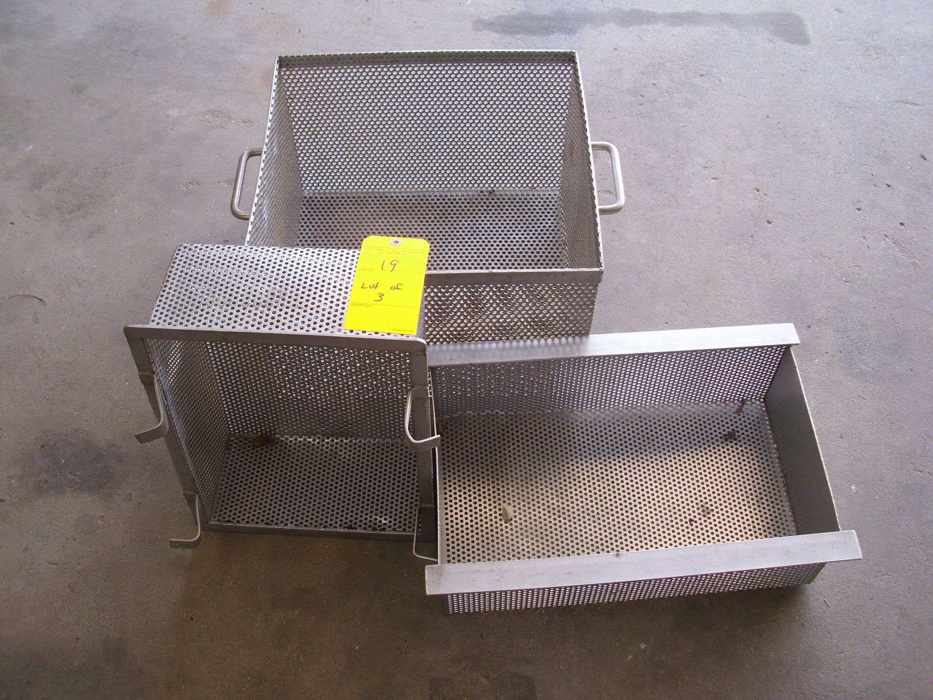 Lot of 3 S/S Strainer Baskets; 15"L X 12"W X 6"D, 18"L X 17"W X 11"D, 19"L X 11"W X 6"D.