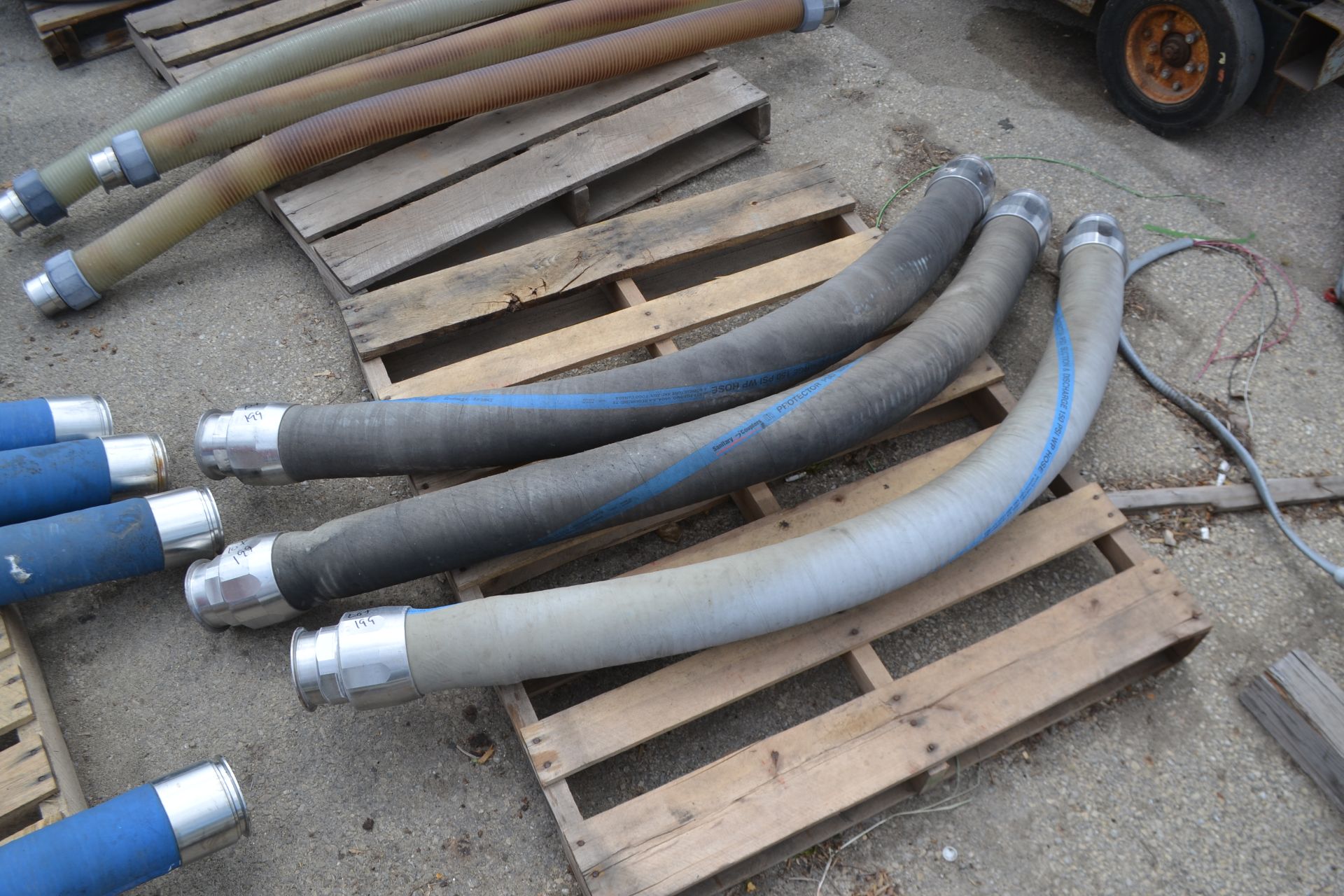 Lot of 3 Sanitary Couplers Brand Sanitary Hoses with 4" Clamp Connectors Each Hose 77"L.