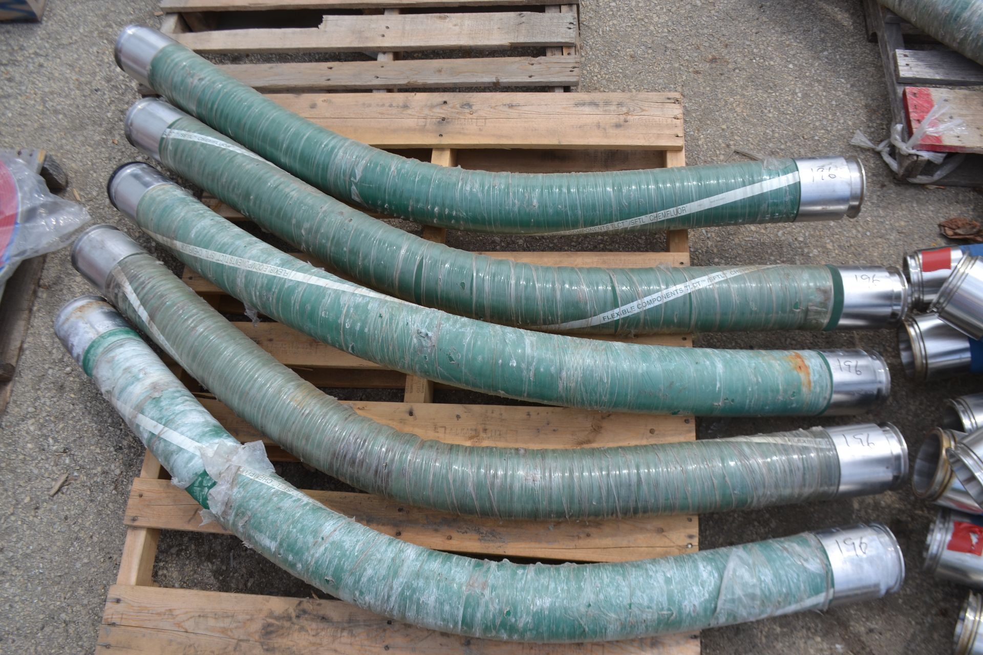 Lot of 5 ChemFluor Sanitary Hoses- 4" Clamp Ports Approx. 5'6"L Each.