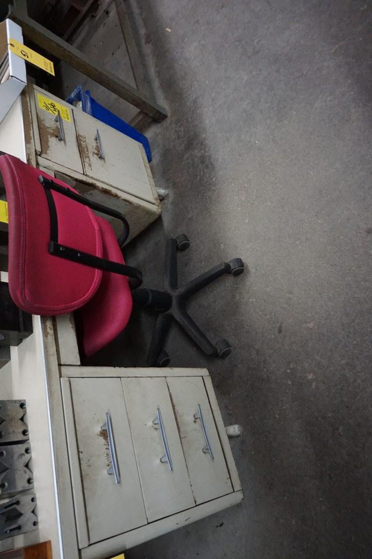 STEEL WORK BENCH W/ RISER 30" X 72", STORAGE CABINET, METAL DESK & CHAIR, NO CONTENTS - Image 3 of 3