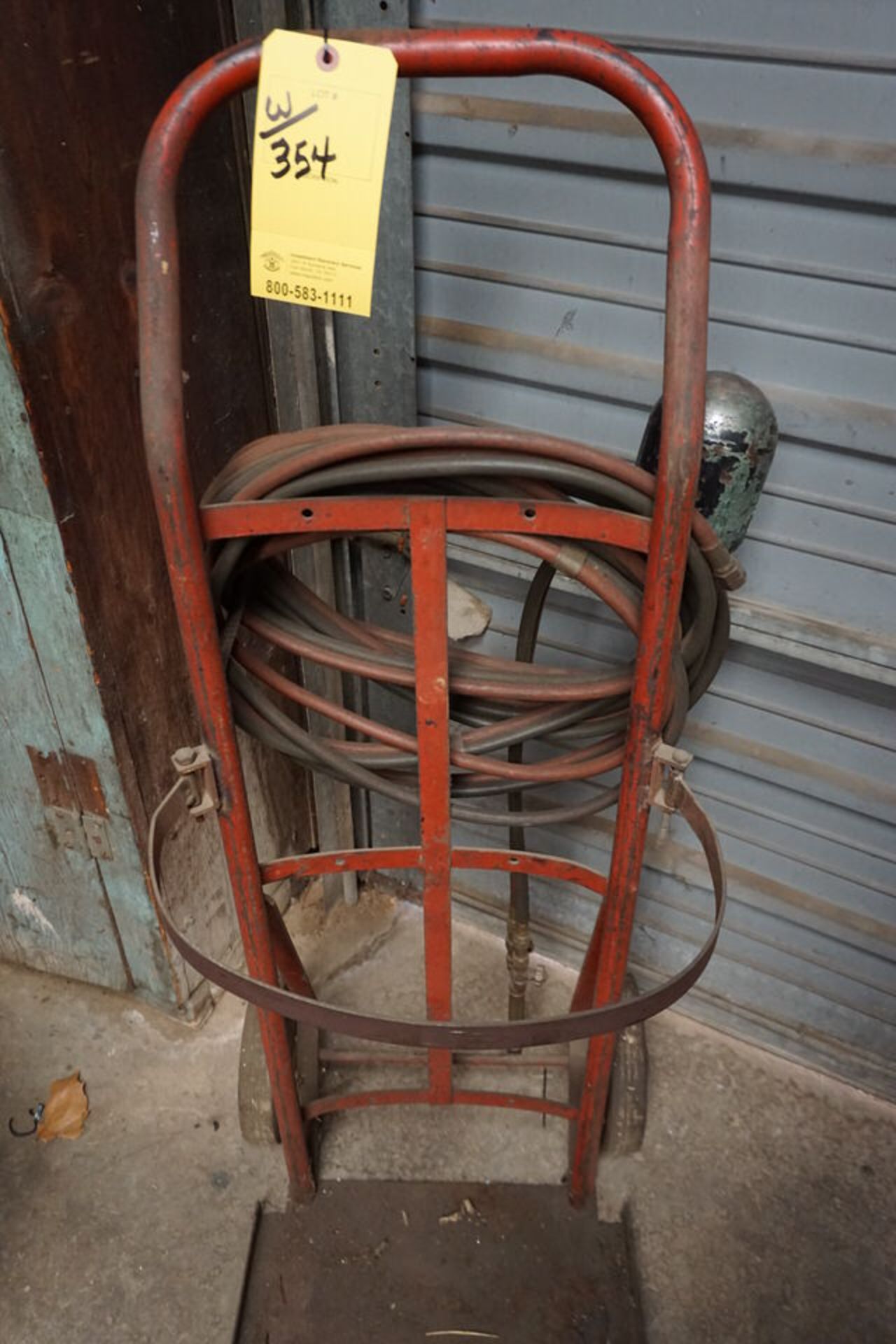 BOTTLE CART W/ HOSE, CONT WOODEN CABINET AS SHOWN - Image 3 of 3