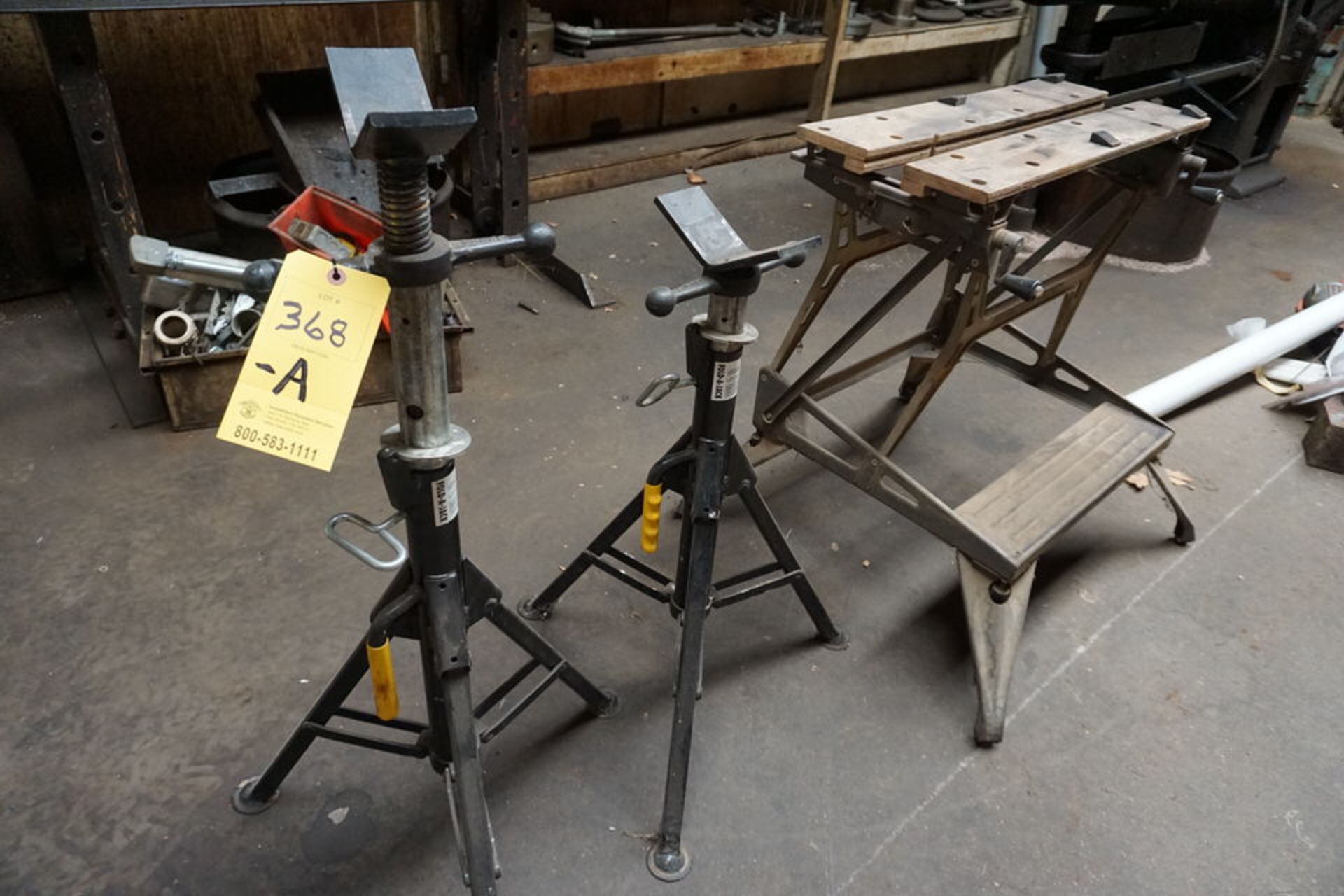 (2) ADJ MATERIAL STANDS W/ WORK MATE BENCH