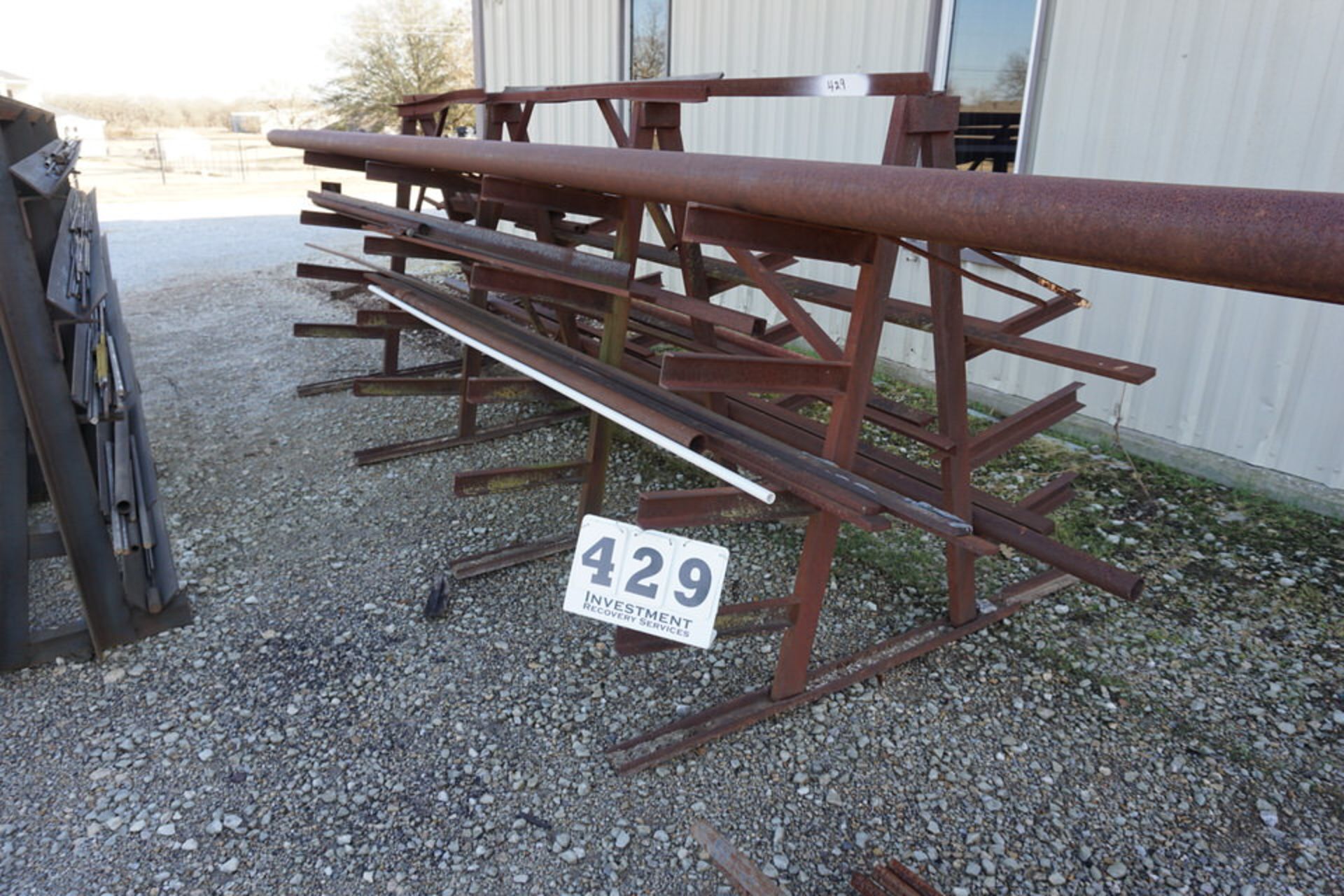 DOUBLE SIDED MATERIAL RACK W/ CONT: ASSORT PIPE & FLAT BAR, APPROX 72"W X 144"LG X 72"T