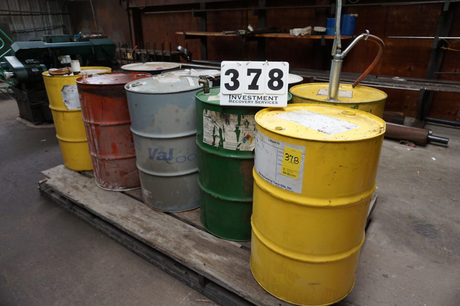 (9) 55 GALLON DRUMS W/ ASSORT LUBE, LUBSOIL, VAL COOL, ATF, AW46, SOME FULL, SOME PARTICAL