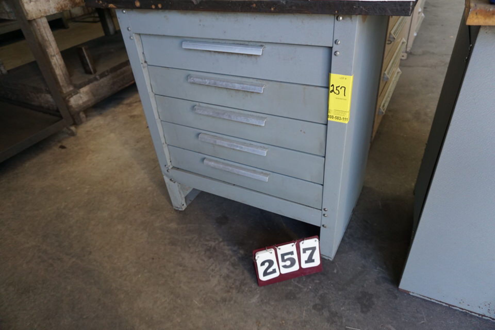 (3) 5 DRAWER METAL CABINETS W/ WOOD TOPS, 20" X 36" & 20" X 22" NO CONTETNS