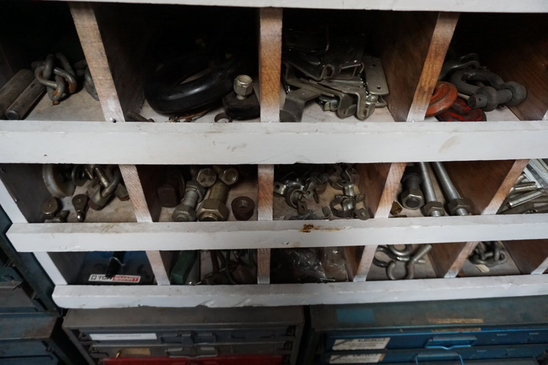 LARGE LOT STORAGE BINS W/ CONTENTS: ROLL PINS, SET SCREWS, SPRINGS, FASTENERS, WELDING RODS, MISC AS - Image 3 of 8