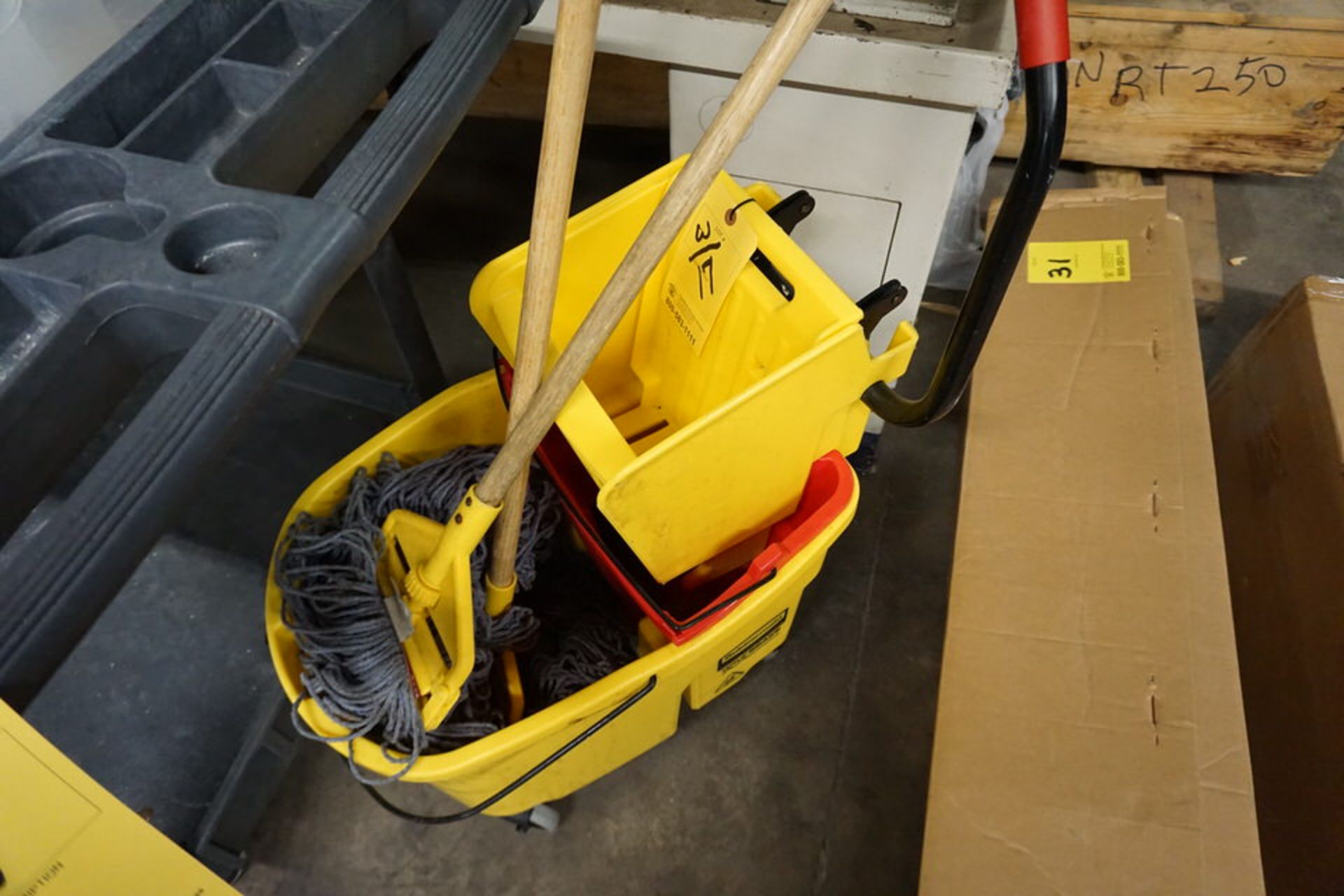 UTILITY CART W/ CONT: SQUEEGES, BRUSHES, MOP BUCKET W/ MOPS - Image 2 of 5