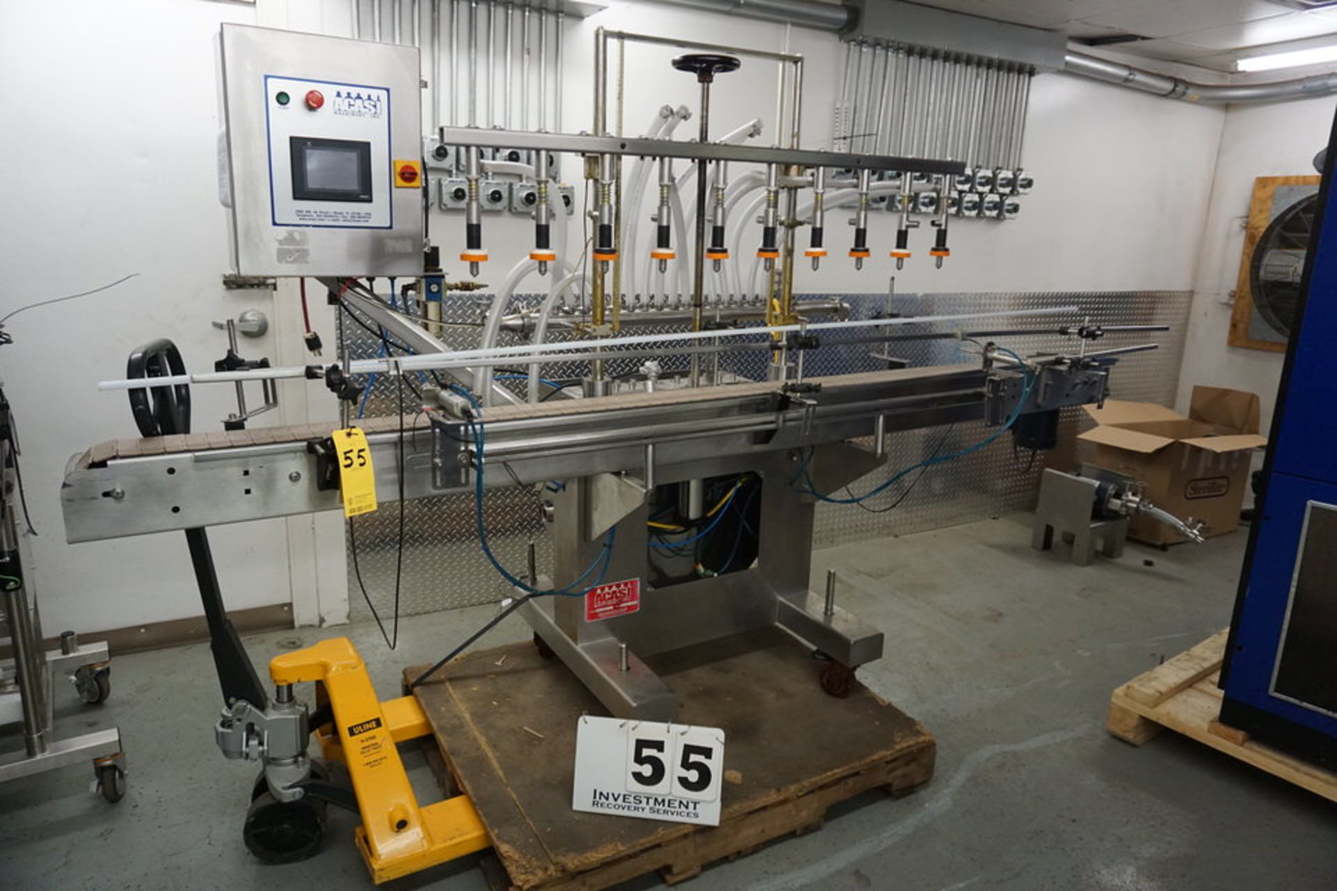 2020 ACASI 16 HEAD AUTOMATIC PRESSUR OVERFLOW LIQUID FILLER, OMRON CONTROLLER, 10' CONVEYOR 4" WIDE,