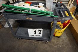 UTILITY CART W/ CONT: SQUEEGES, BRUSHES, MOP BUCKET W/ MOPS