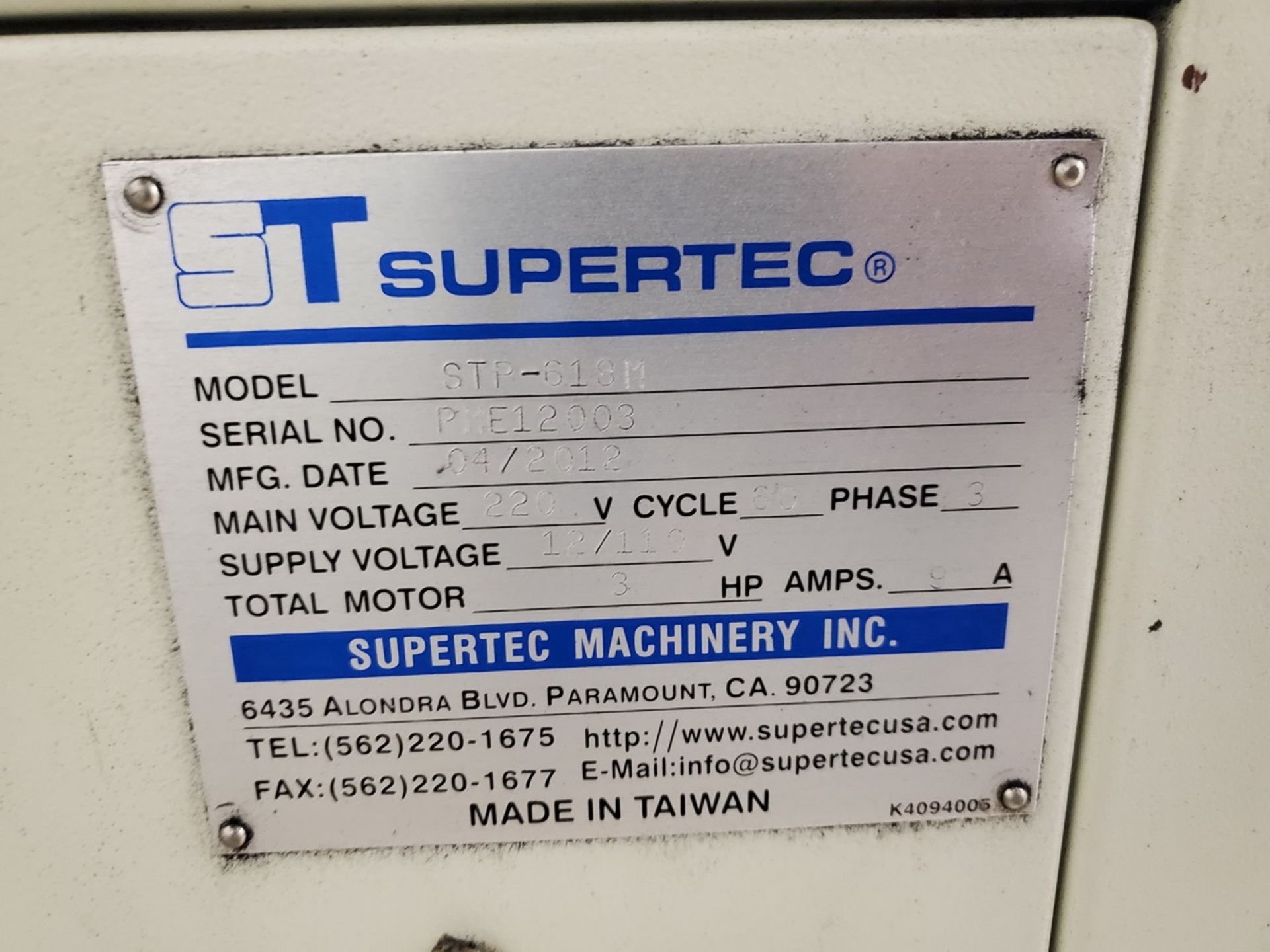 2012 ST Supertec STP-618M Surface Grinder 220V, 60HZ, 3PH, 9A, W/ Tooling; W/ 6"x18" Magnetic Chuck - Image 9 of 11