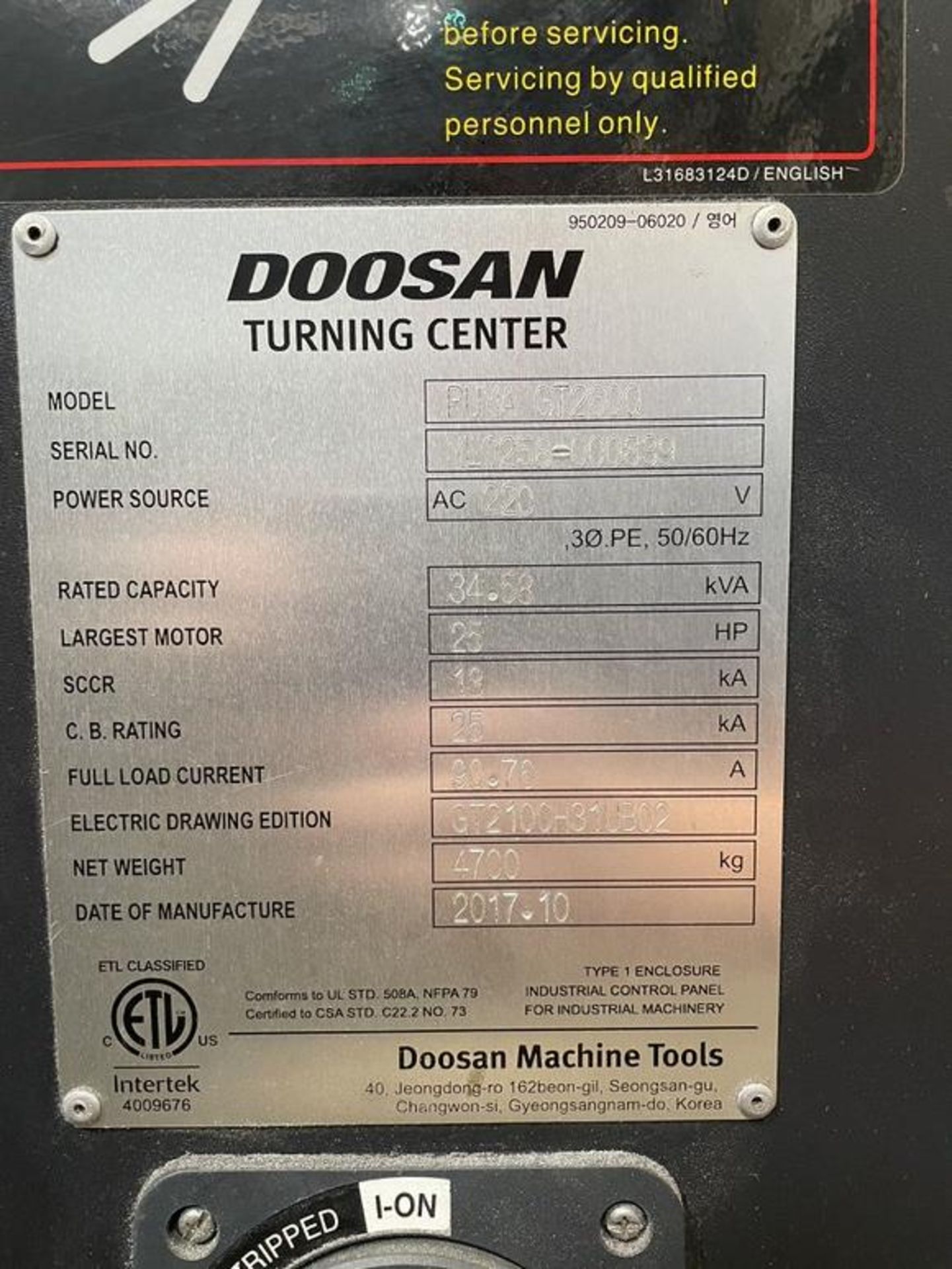 2017 Doosan Puma GT2600 CNC Turning Center (NO TOOLING/TOOL HOLDERS) - Image 5 of 6