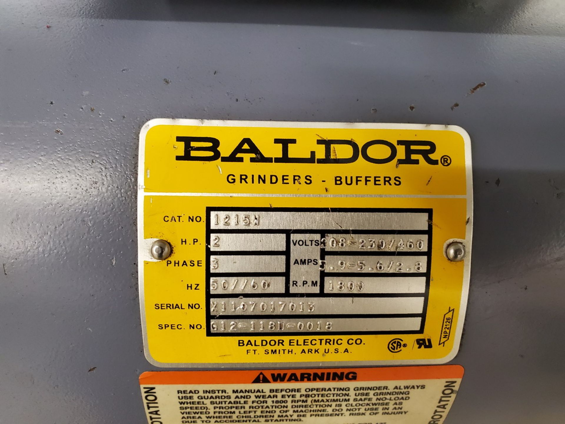Baldor 12" Grinder 2HP, 208-230/460V, 3pH, 50/60HZ, 1800RPM; W/ (2) 1-7/8" Wrenches - Image 6 of 6
