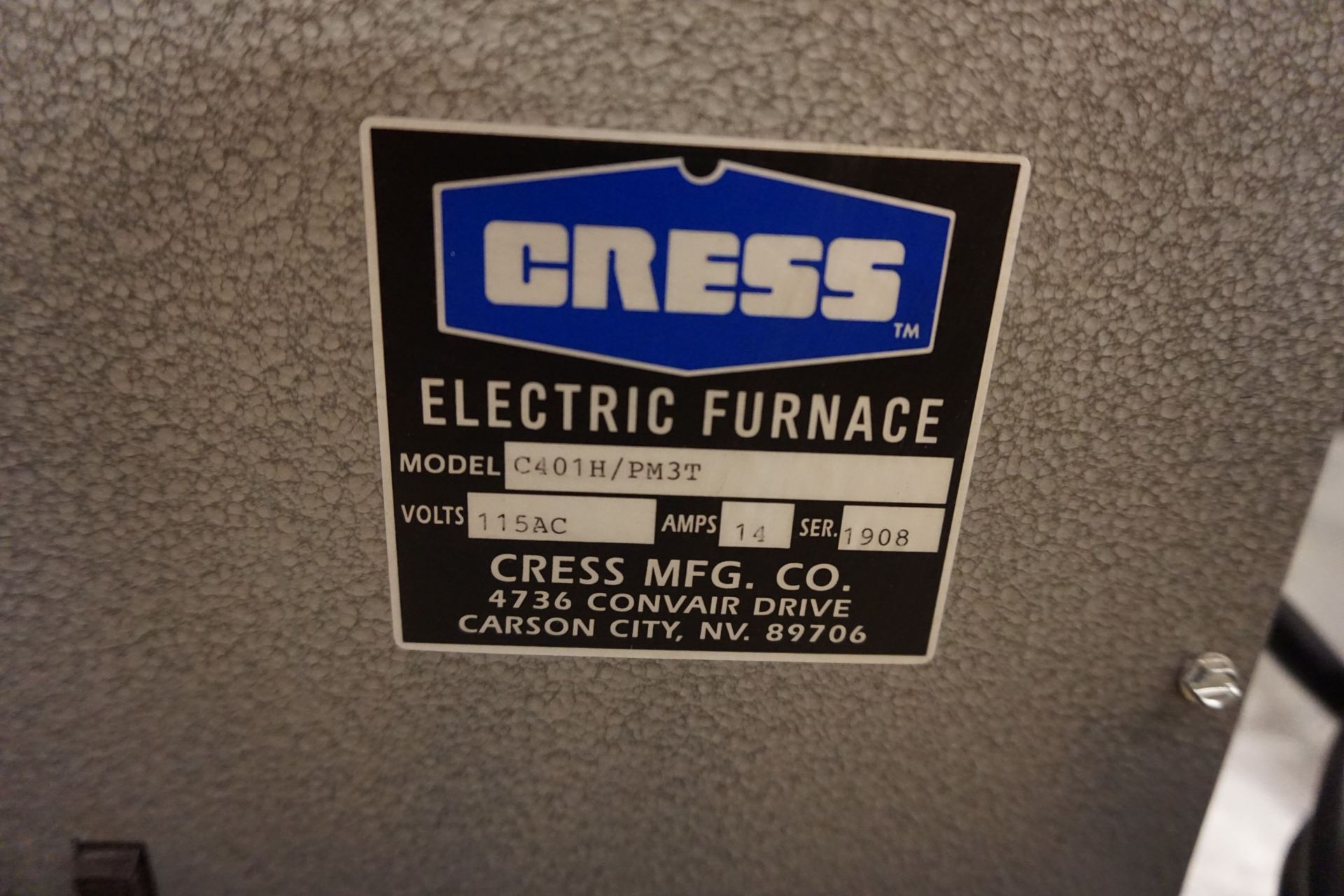 CRESS C401H3MPE ELECTRIC FURNACE, 115AC, 10AMP, 2250 MAX TEMP, .19 CU FT CAP - Image 3 of 3