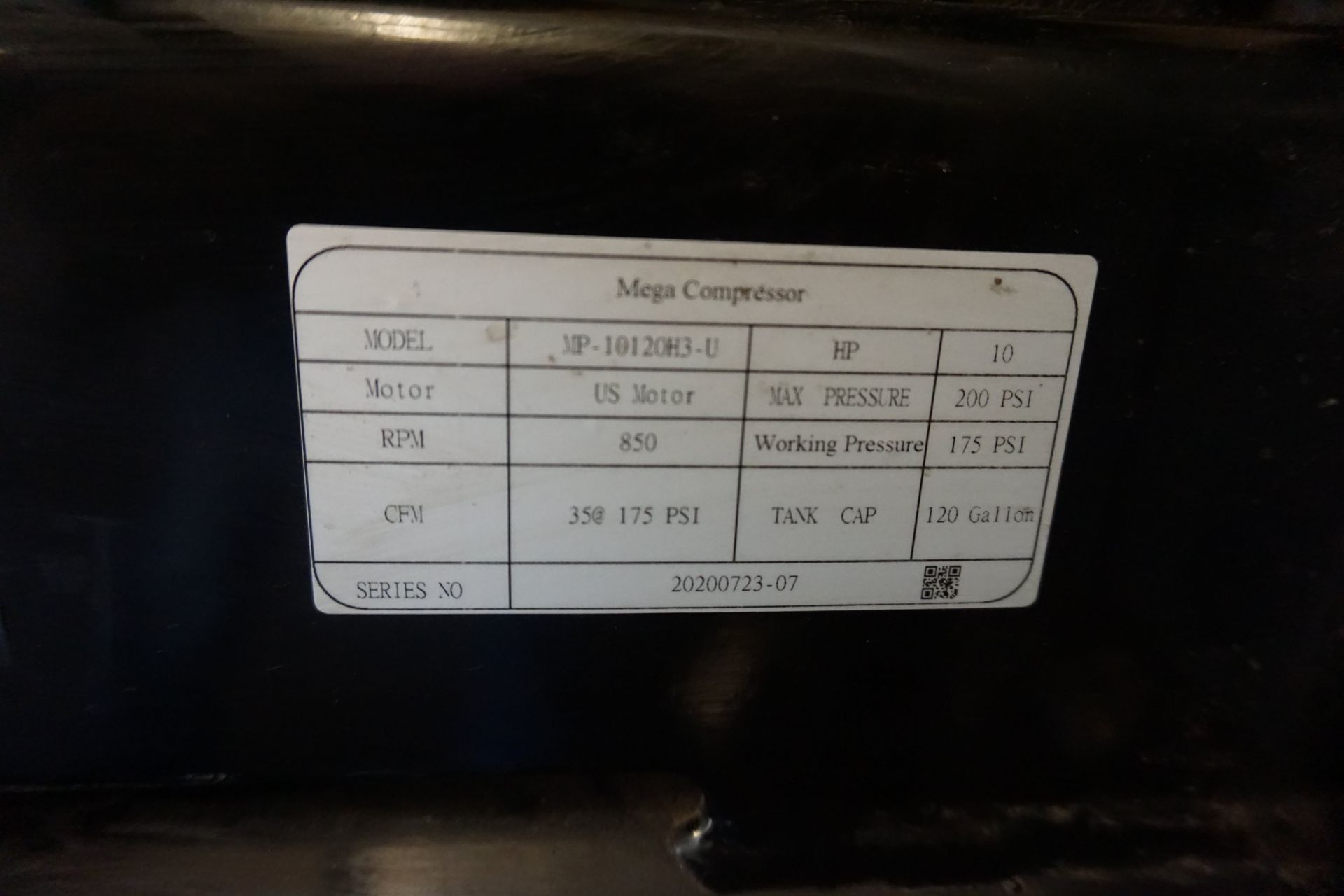 MEGA 10 HP AIR COMPRESOR MDL: MP=10120H3-U, APPROX 200 GAL TANK - Image 2 of 5