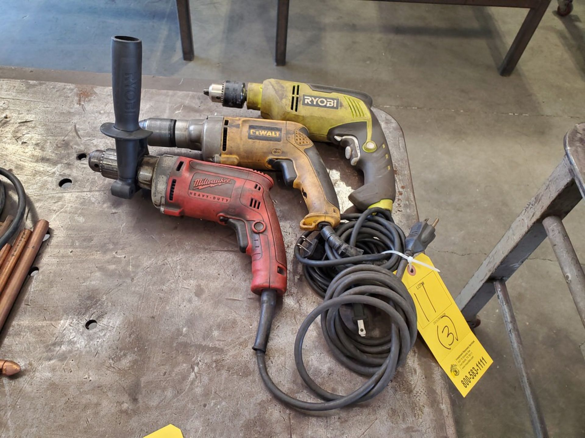 (3) Assorted 1/2" Corded Drills Mfg's: Ryobi, Milwaukke, DeWalt