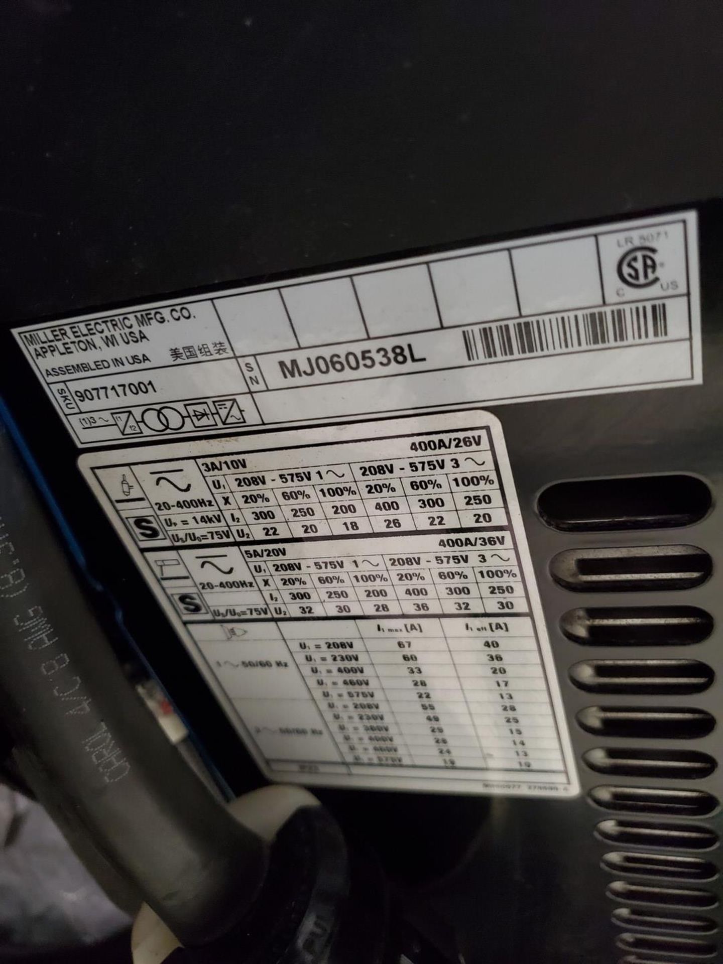 Miller Dynasty 400 AC/DC Tig Welder 208-575V, 400A, 1/3PH, 50/60HZ; W/ Foot Pedal - Image 6 of 6