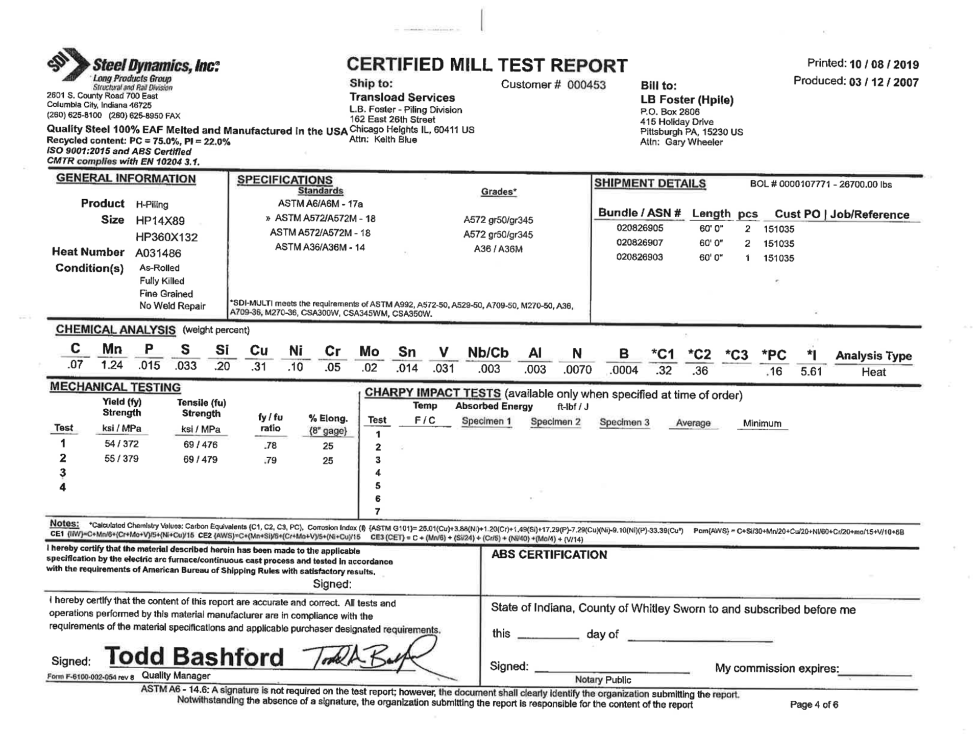 (23) I BEAMS, VARIOUS SIZES, W/ CERTS - Image 12 of 12