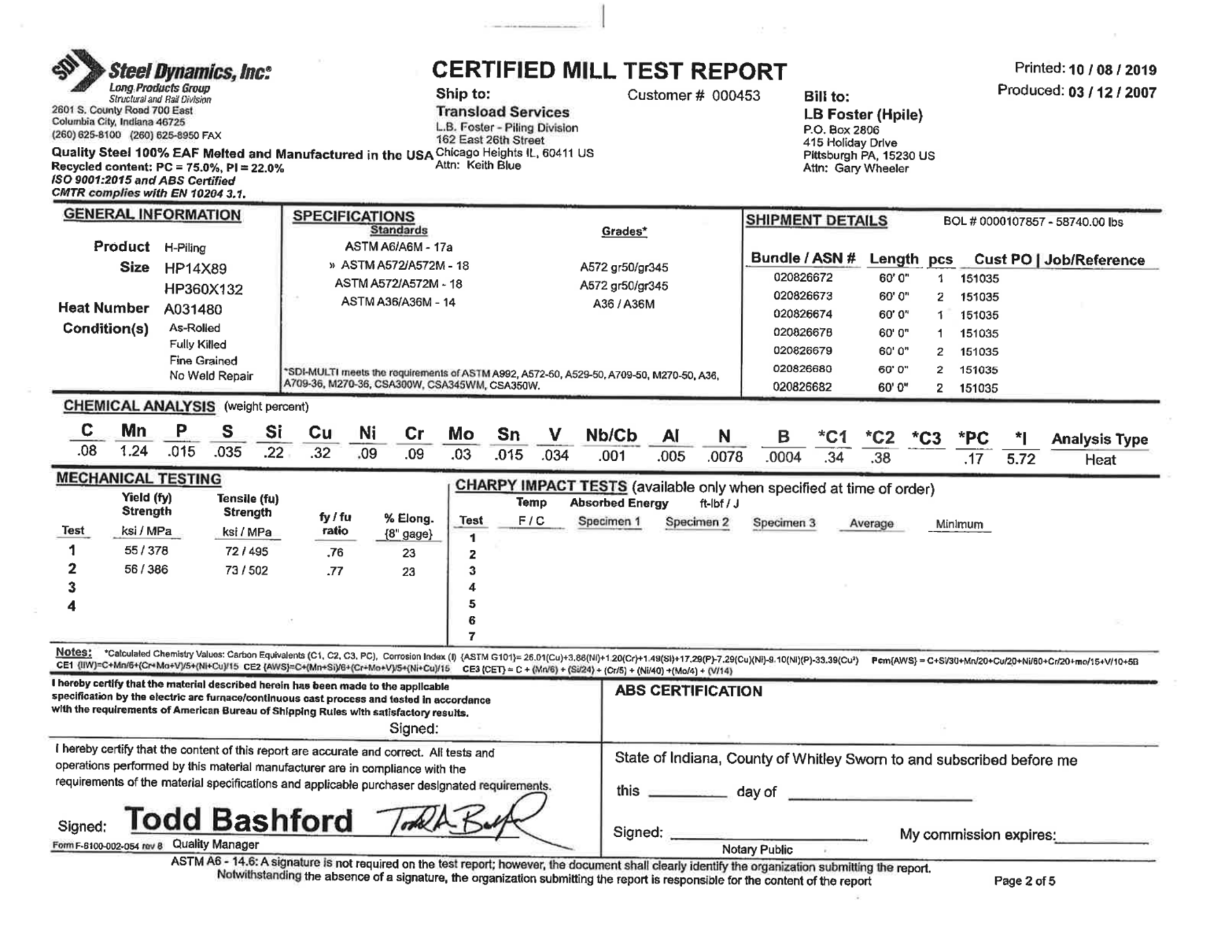 (23) I BEAMS, VARIOUS SIZES, W/ CERTS - Image 10 of 12