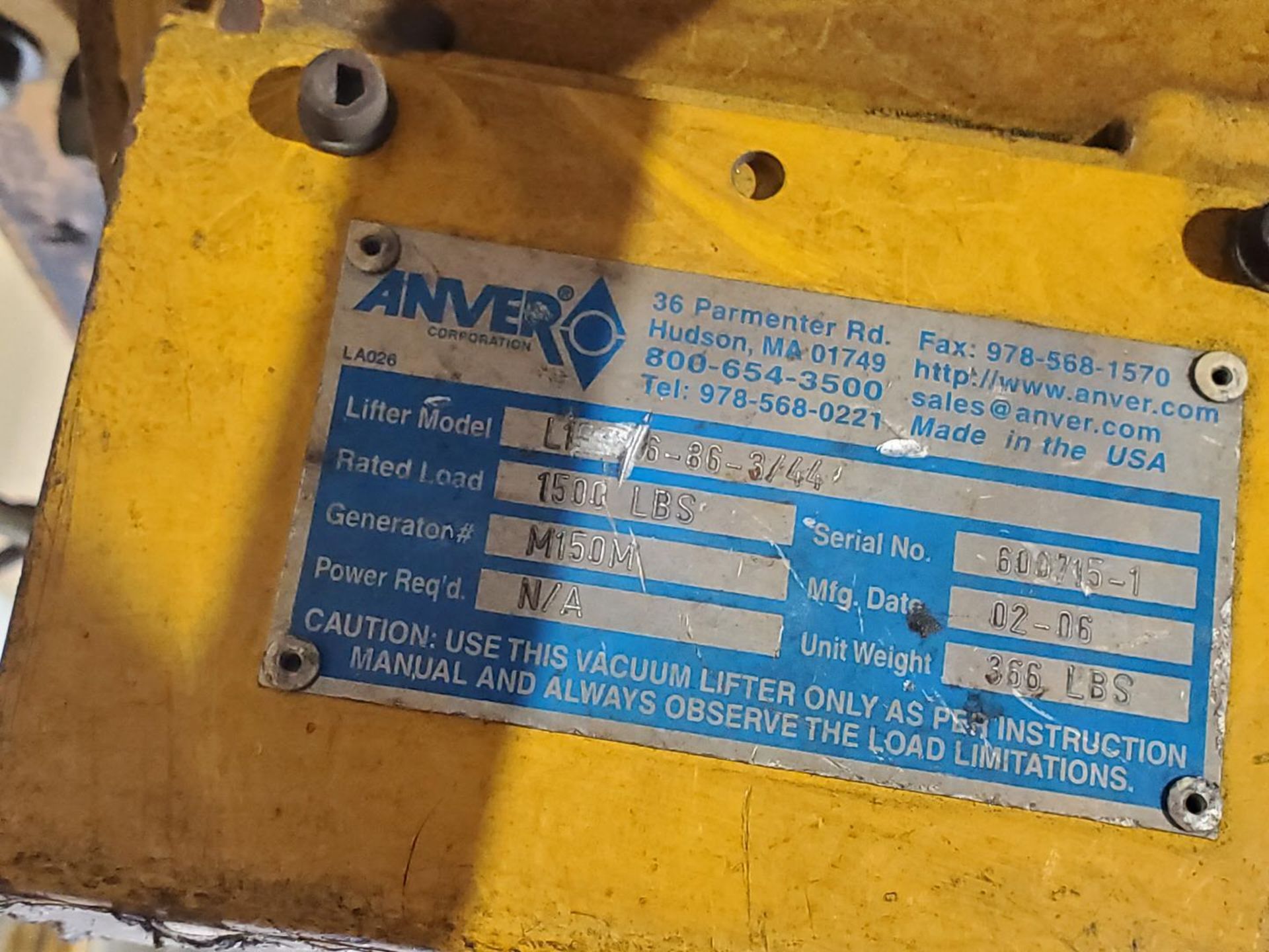 2006 Anver VLS-08 6-Pad Mechanical Vacuum Lifter 1,500lb Cap.; W/ Vacuum Leakage Sensing System - Image 5 of 5