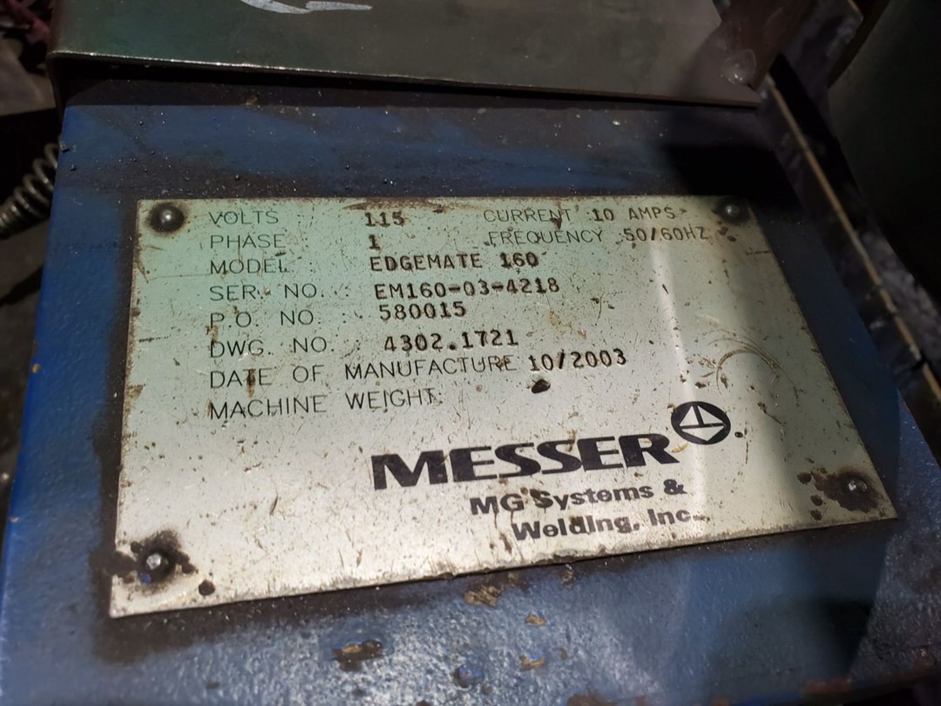 2003 Messer Edgemate 160 Plasma Cutting System 115V, 1PH, 10A, 50/60HZ; W/ Lynx Controller; (Table - Image 20 of 25