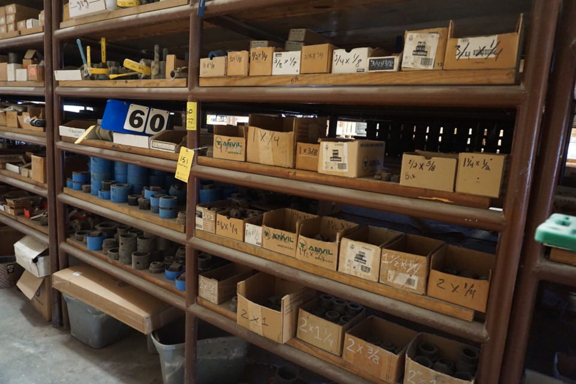 CONT OF SHELF: ASSORT SIZE BALL VALVES, PIPE PLUGS, PIPE REDUCERS, CHECK VALVES, APPROX 400 PCS