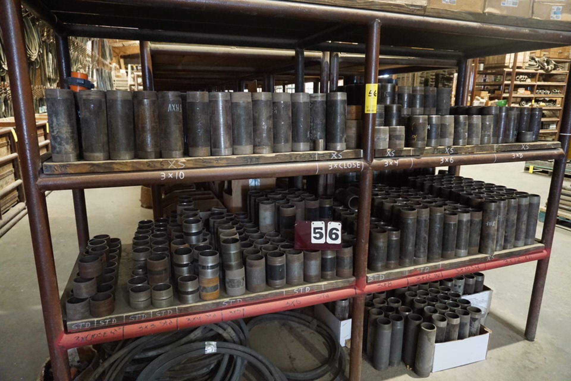 CONT OF SHELF: ASSORTED SIZE PIPE NIPPLES, RANGE FROM 2"X4" TO 3"X12" APPROX 400 PCS