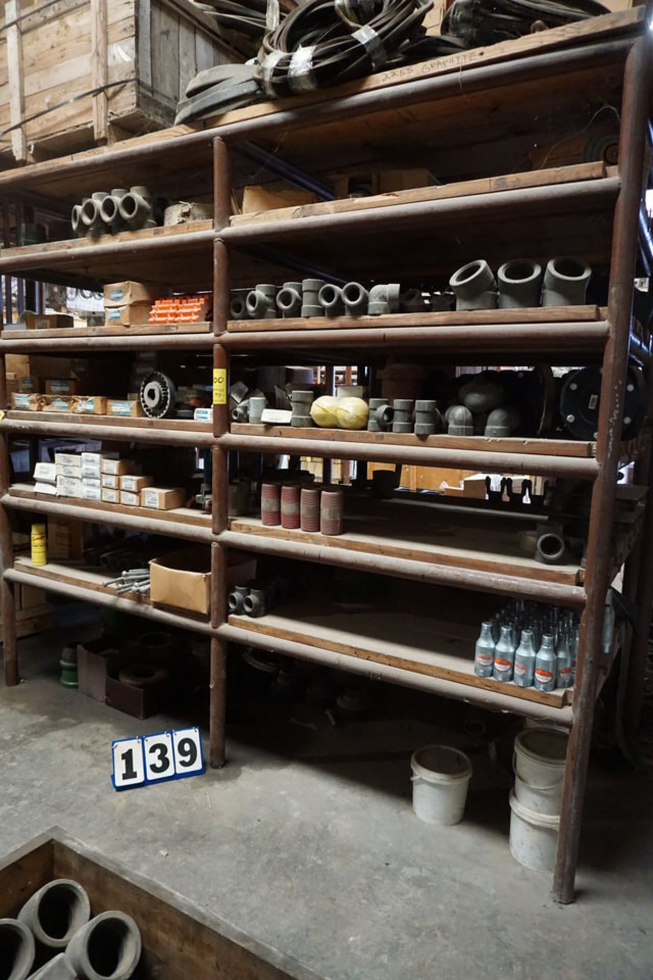 HD PIPE SHELF W/ 2" X 12" WOODEN SHELVES, APPROX 48"D X 102"W X 96"HT, NO CONTENTS, DELAYED PICKUP