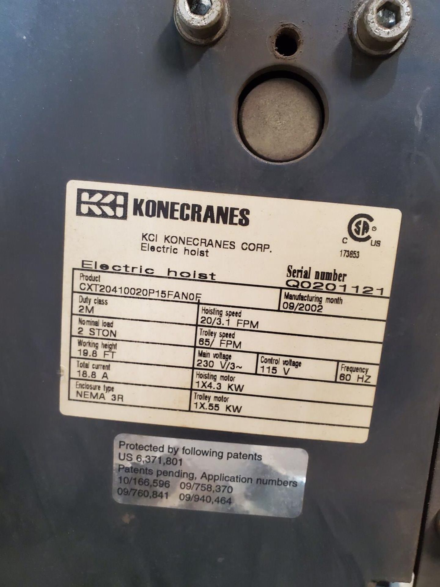 2002 Konecranes 2 Ton Electric Hoist 230V, 3PH, 20/3.1FPM, 60HZ - Image 5 of 5