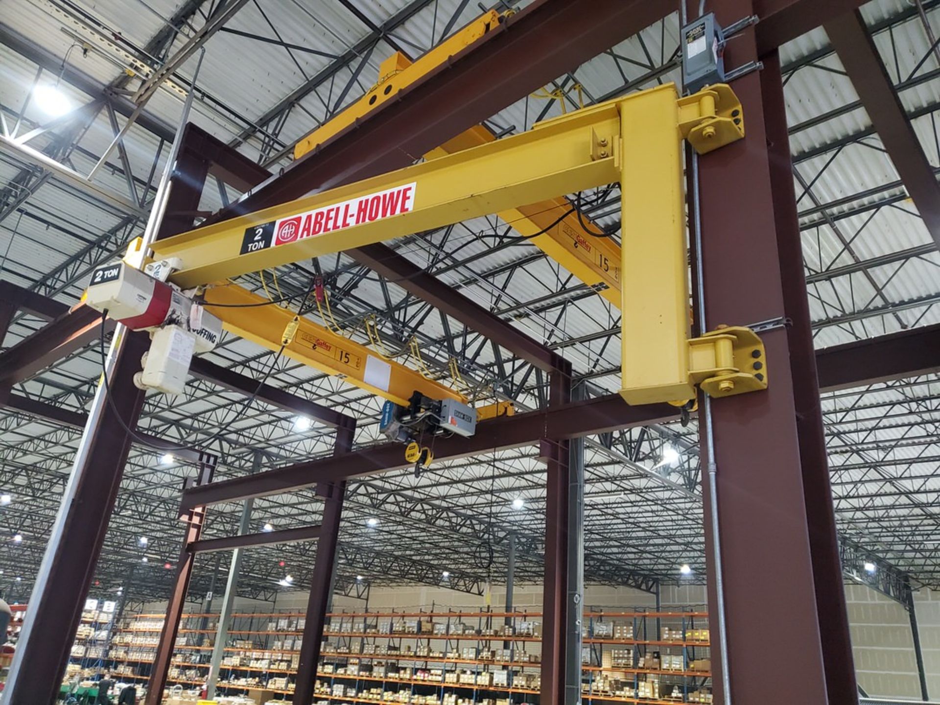 Abbell Howe Wall Mounted 2 Ton Jib Crane 12' Arm, W/ 2-Ton Coffing Hoist & 2-Button Pendant