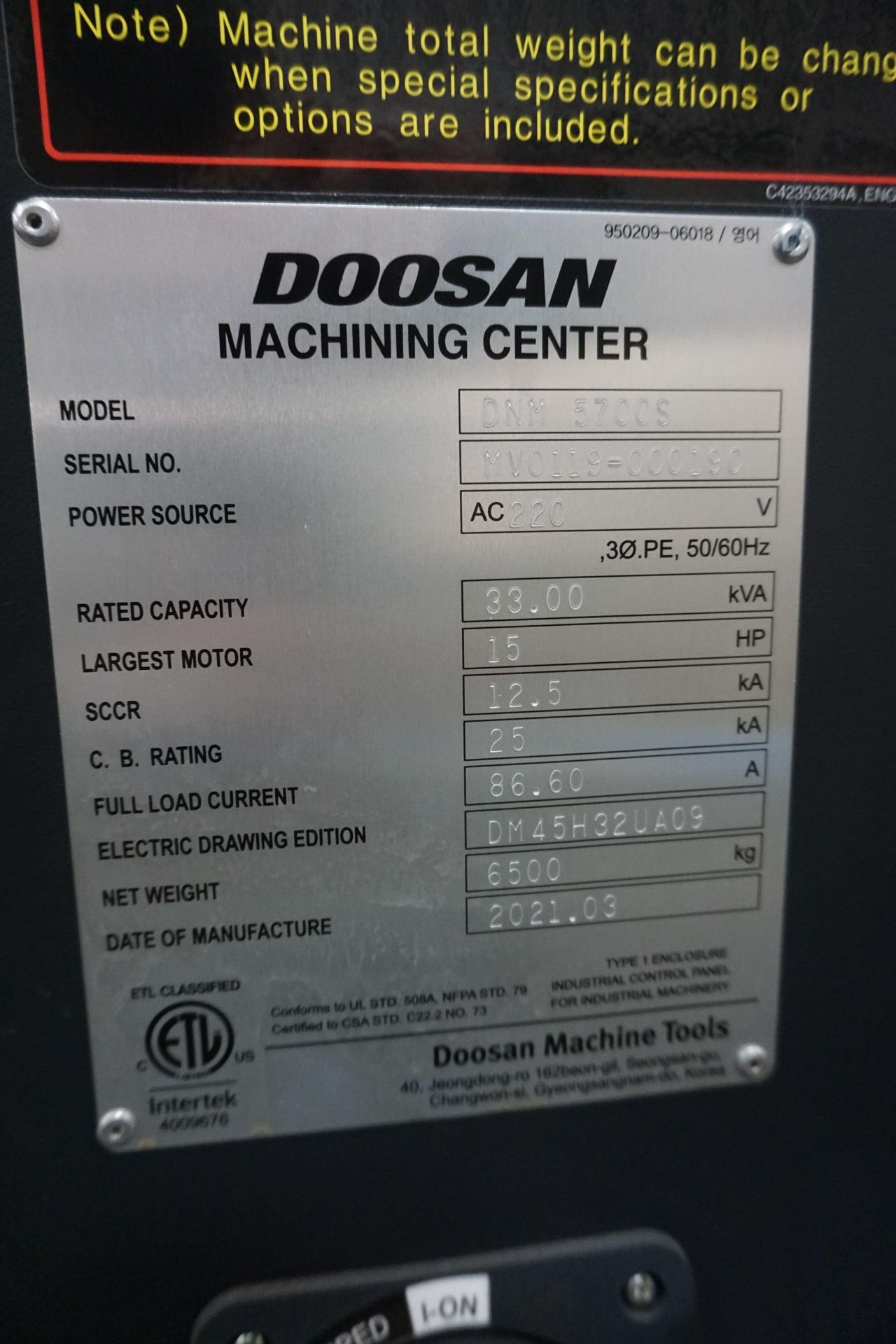 2021 Doosan DNM 5700S with KOMA Precision 4th Axis Rotary, 615 Cut Time Hours Shown - Image 11 of 17