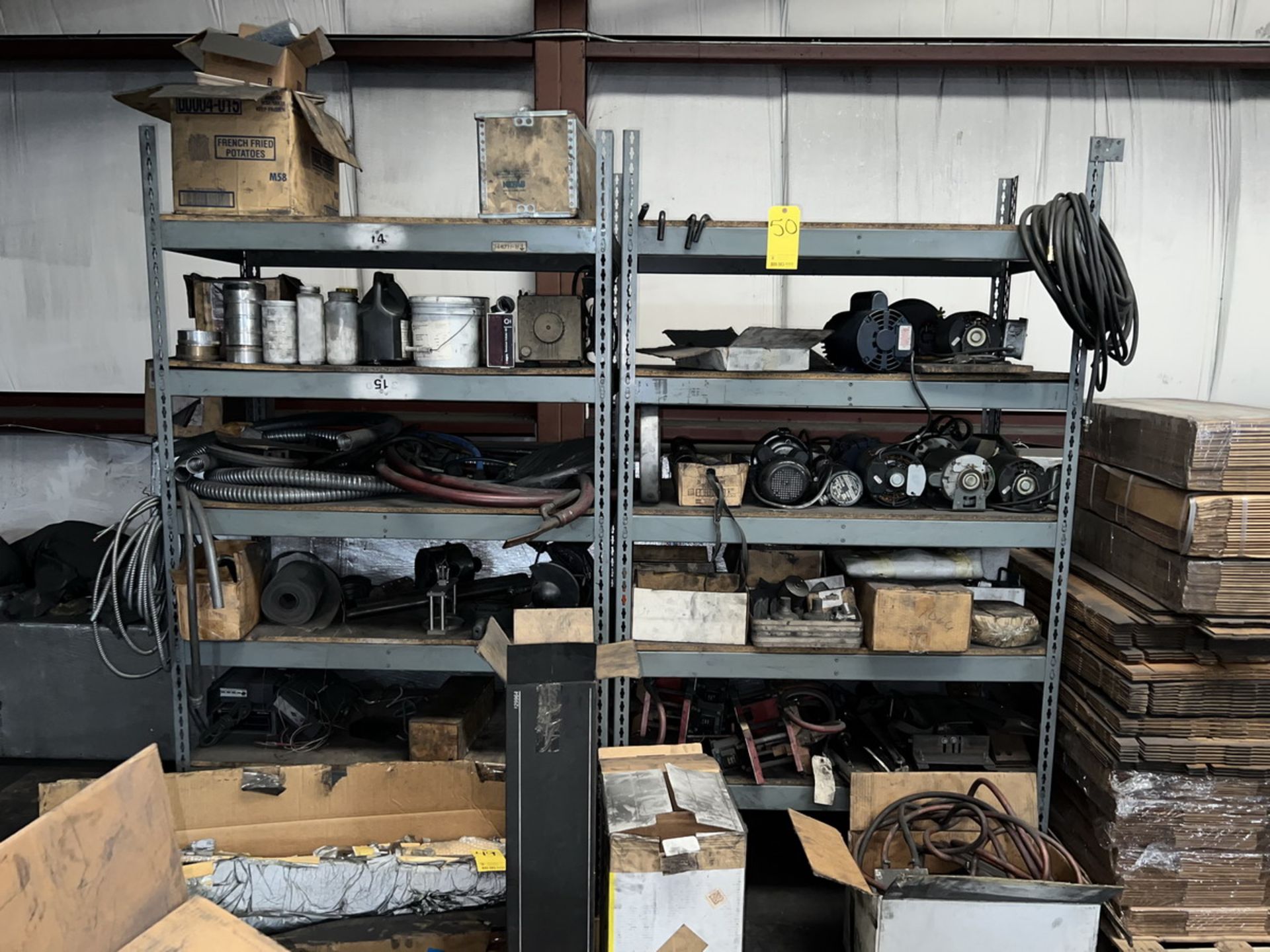 (2) 48'' L x 24'' W x 7' H Storage Racks With contents to include various size motors, Hoses,