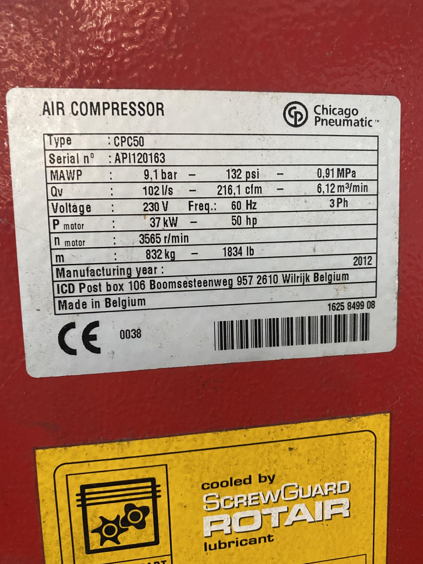 2012 Chicago Pneumatic CPC50 Rotary Screw Air Compressor s/n API120163, 50 HP, 132 PSI, 3PH - Image 4 of 4
