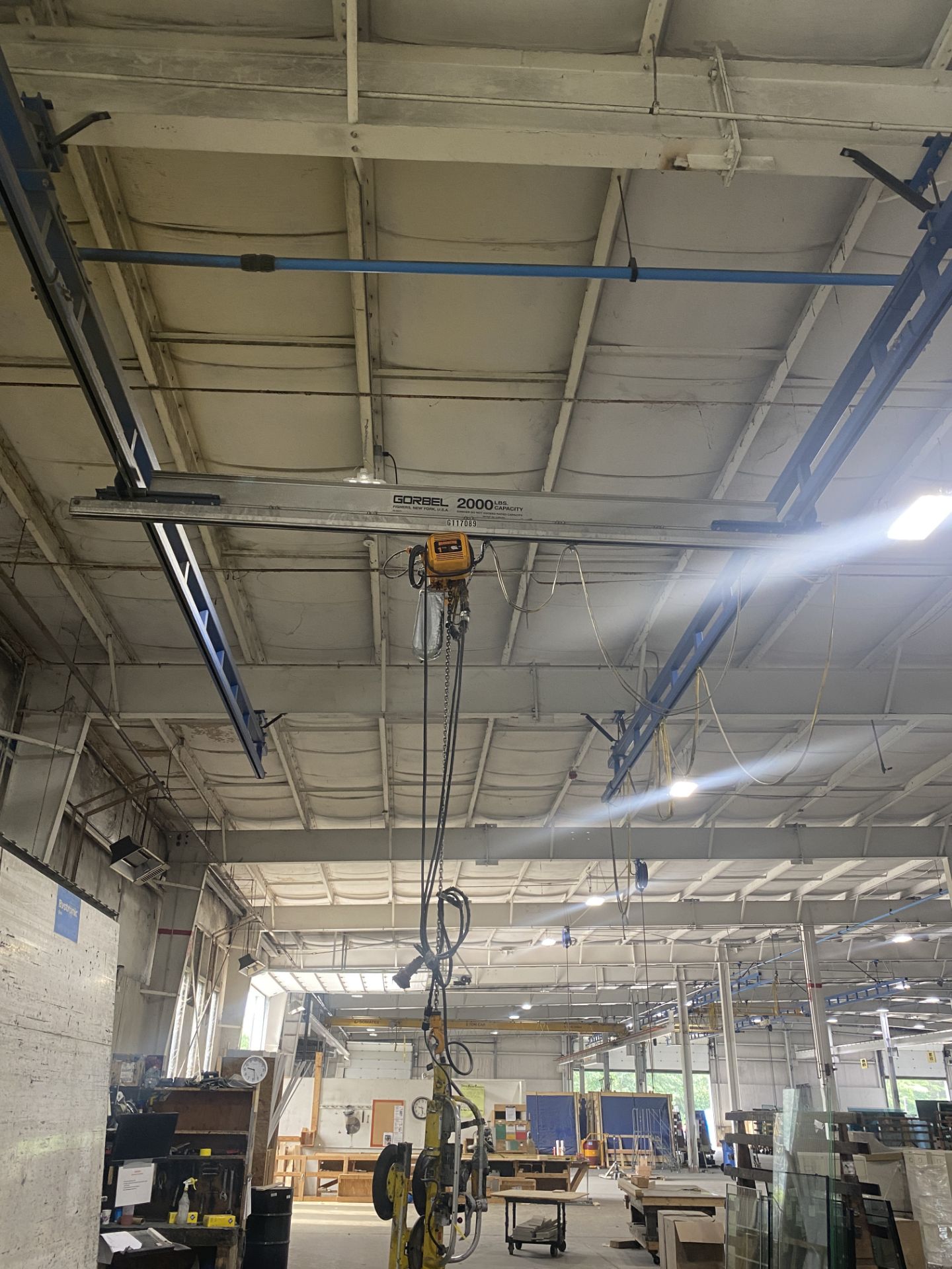 Gorbel 2,000# Overhead Crane Structure Approx. 15' Span, Approx. 60' Rails, Harrington 1 Ton