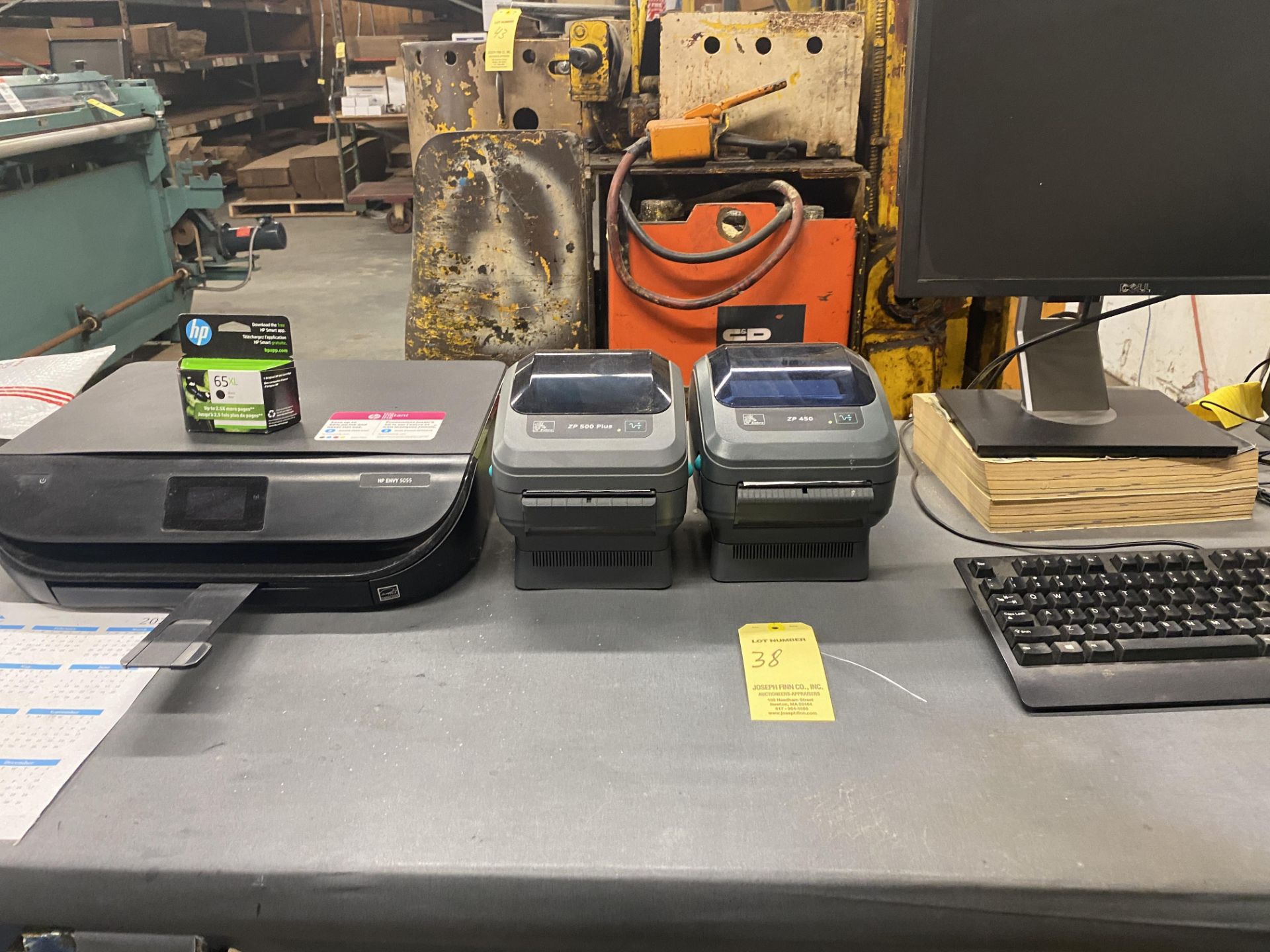 LOT HP ENVY 5055 Printer, Zebra ZP 500 Plus Label Printer, Zebra ZP 450 Label Printer,