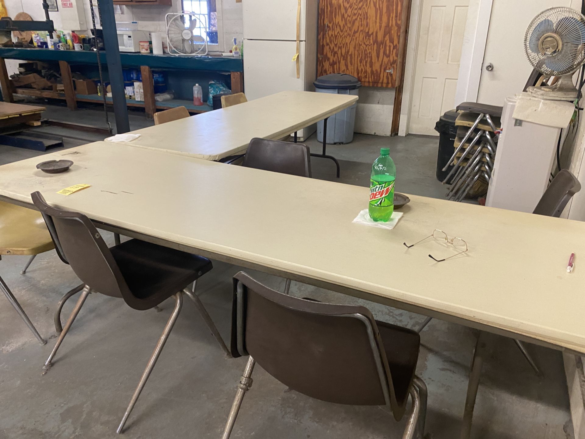 LOT Folding Tables, Stack Chairs, Refrigerator (Not Working)